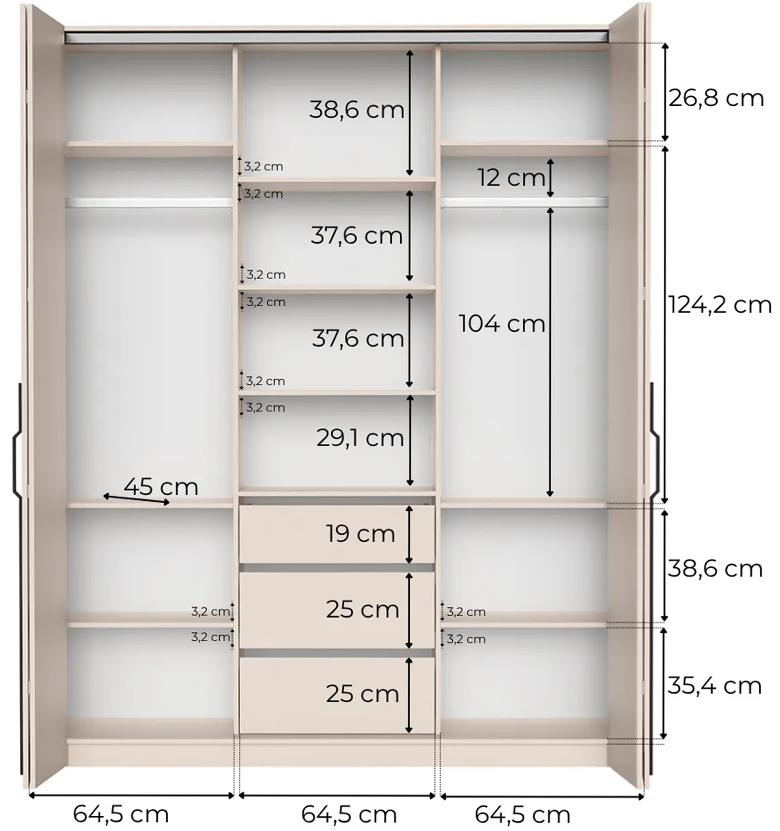 Zweiturige Bari-Garderobe mit drei Schubladen, 200 cm, Eiche Bookmatch