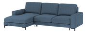 Ecksofa mit Schlaffunktion Mokpeo, L-förmig, mit zwei Stauraumfächern, schwarzen Füßen, marineblau, aus leicht zu reinigendem Stoff, linksseitig