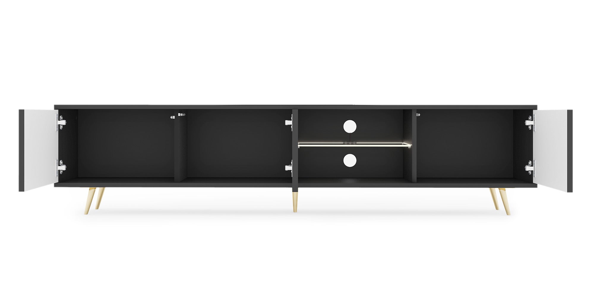 TV-Schrank Bello mit Lamellenfronten, 175 cm, schwarz, mit LED und goldenen Beinen