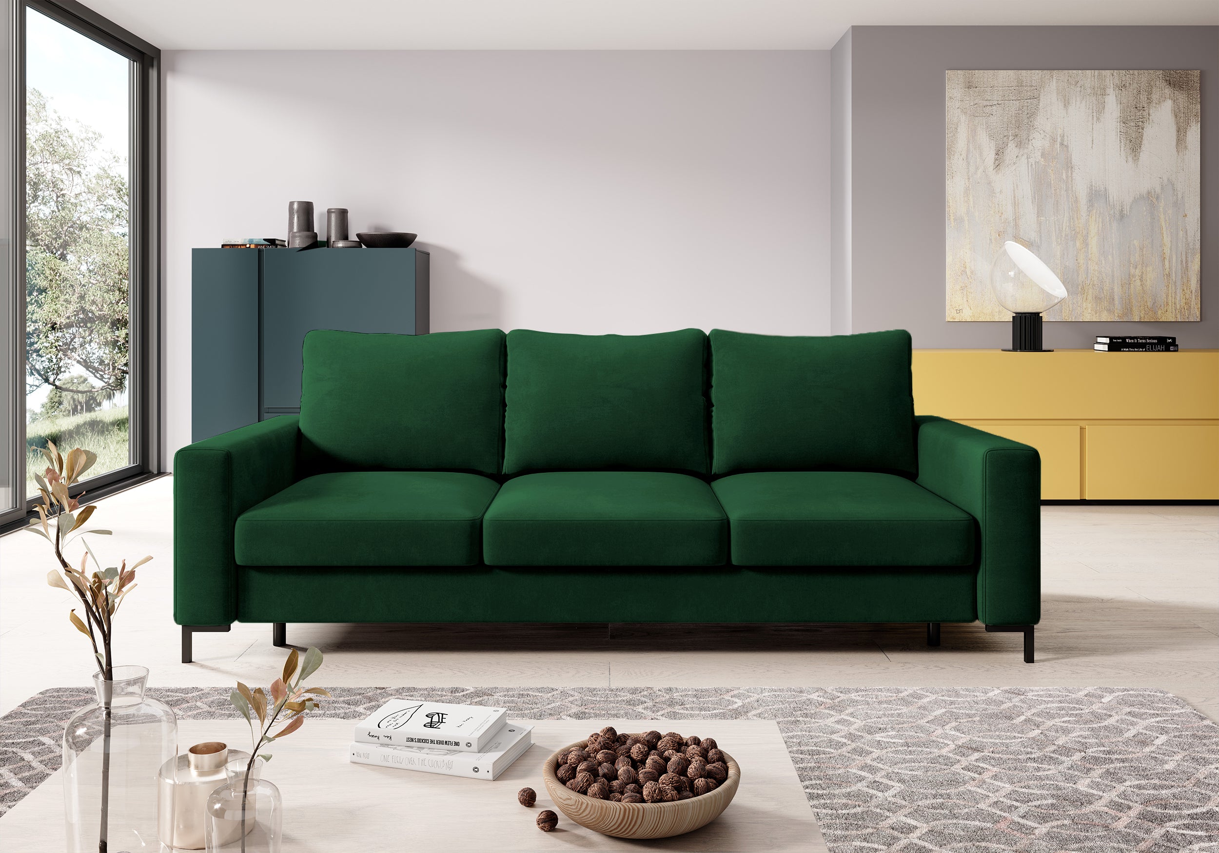 Dreisitziges Schlafsofa Mokpeo mit Stauraum, grün, Samt
