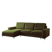 Ecksofa mit Schlaffunktion Mokpeo, L-förmig, mit zwei Stauraumfächern, schwarze Füße, olivfarbener Samt, linksseitig