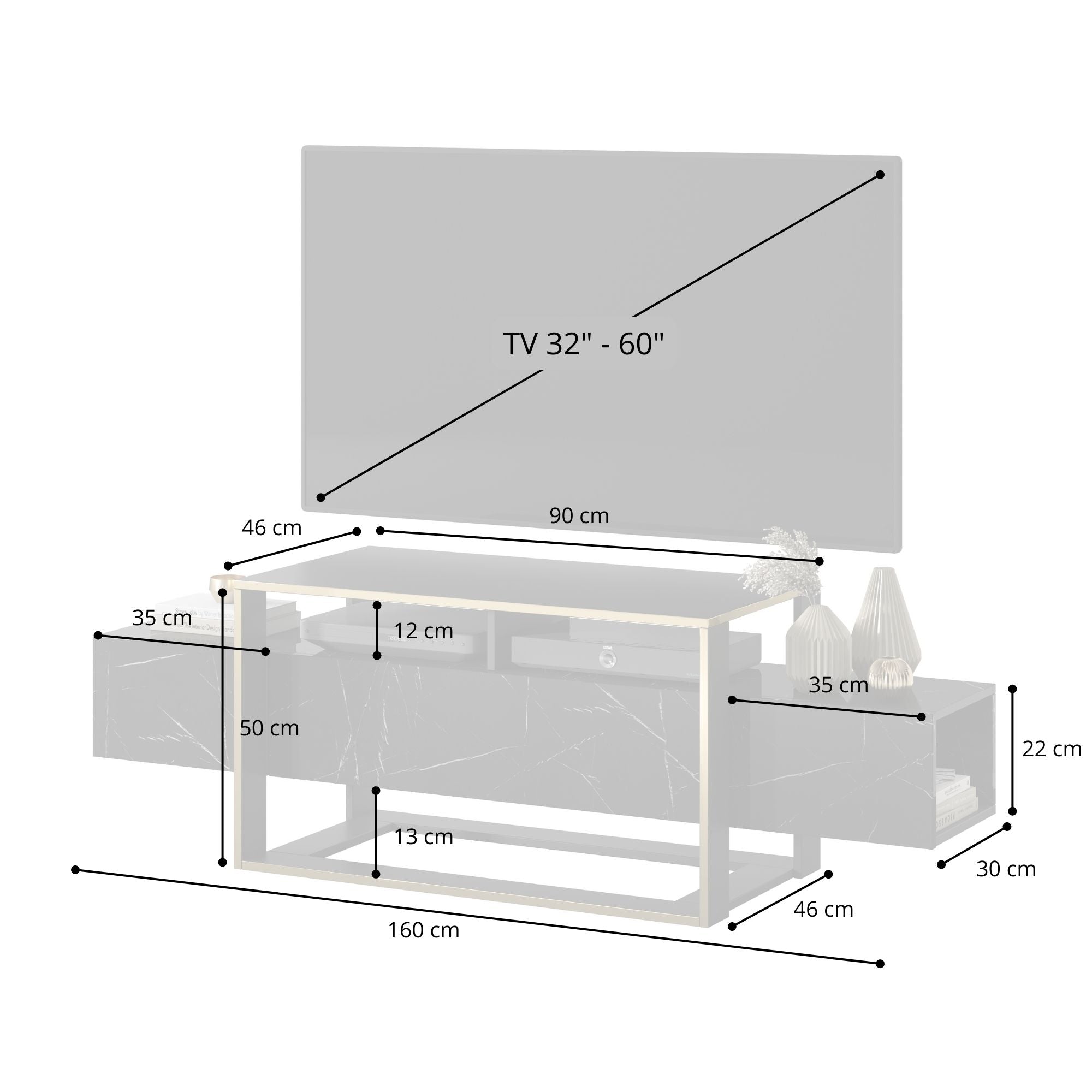 TV-Schrank Excelsum 160 cm schwarzer Marmor mit abschließbarem Fach