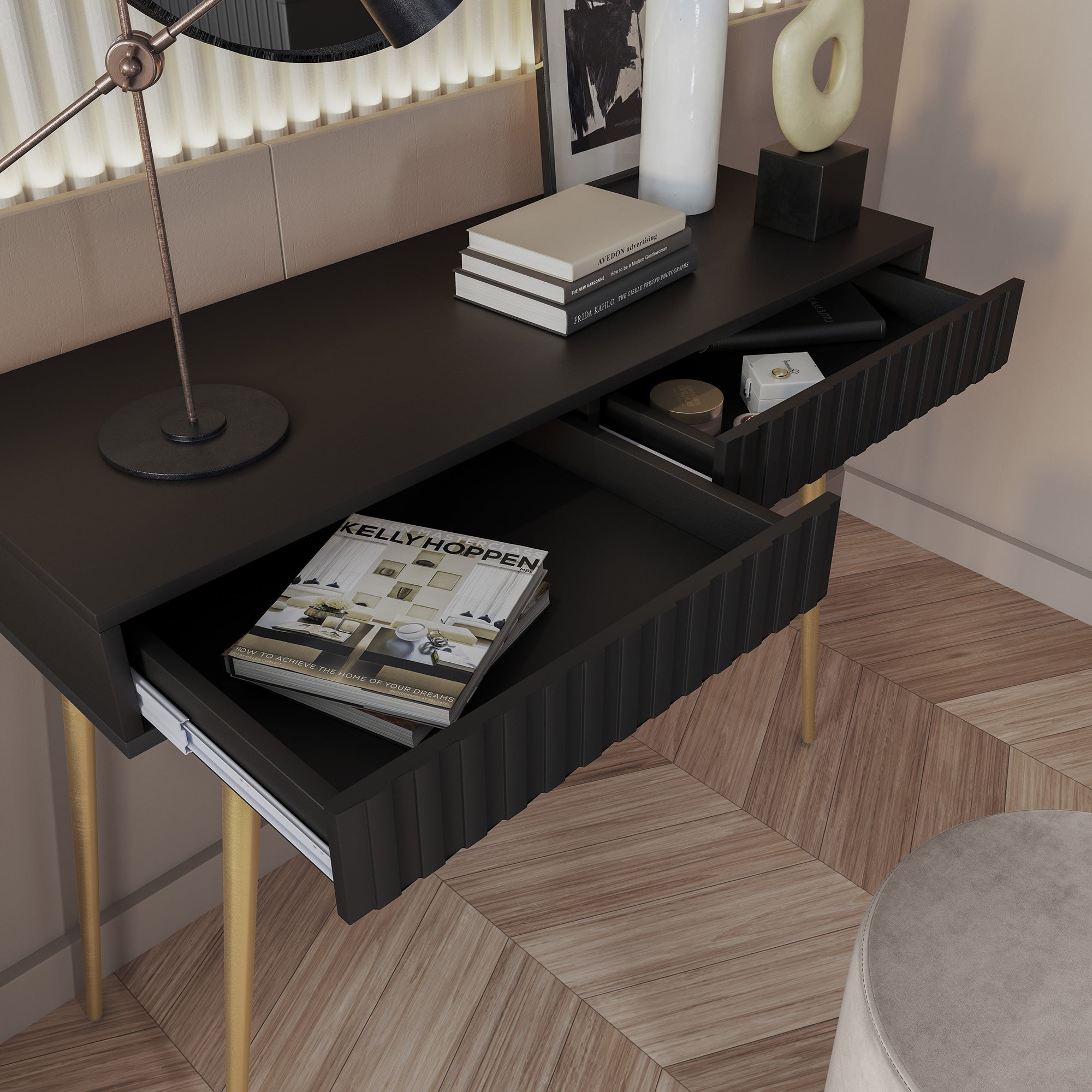 Schminktisch Bello 104 cm schwarz mit goldenen Beinen
