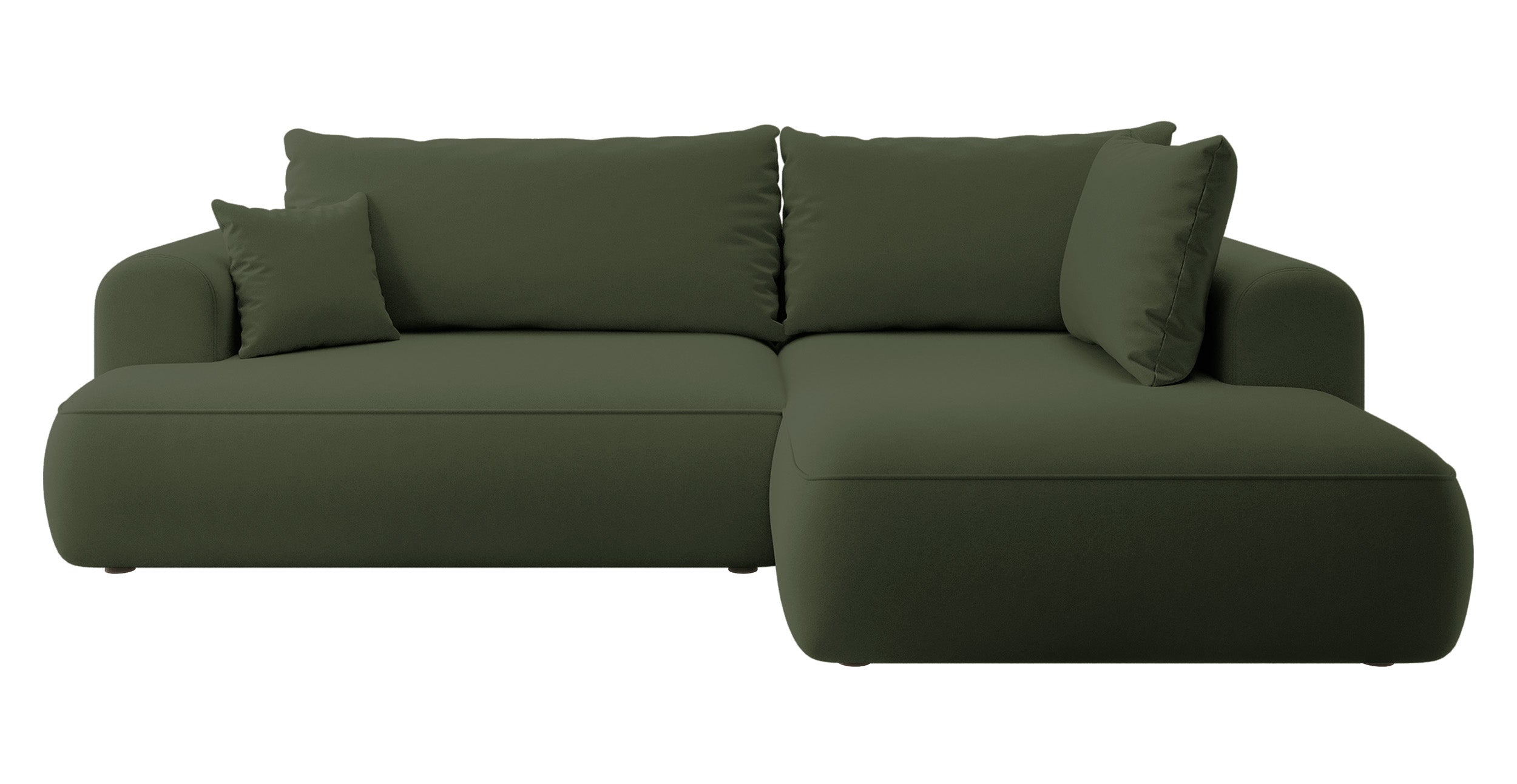 Ecksofa mit Schlaffunktion Ovo, L-förmig, mit Armlehne und Stauraum, olivfarbener, pflegeleichter Samt, rechtsseitig