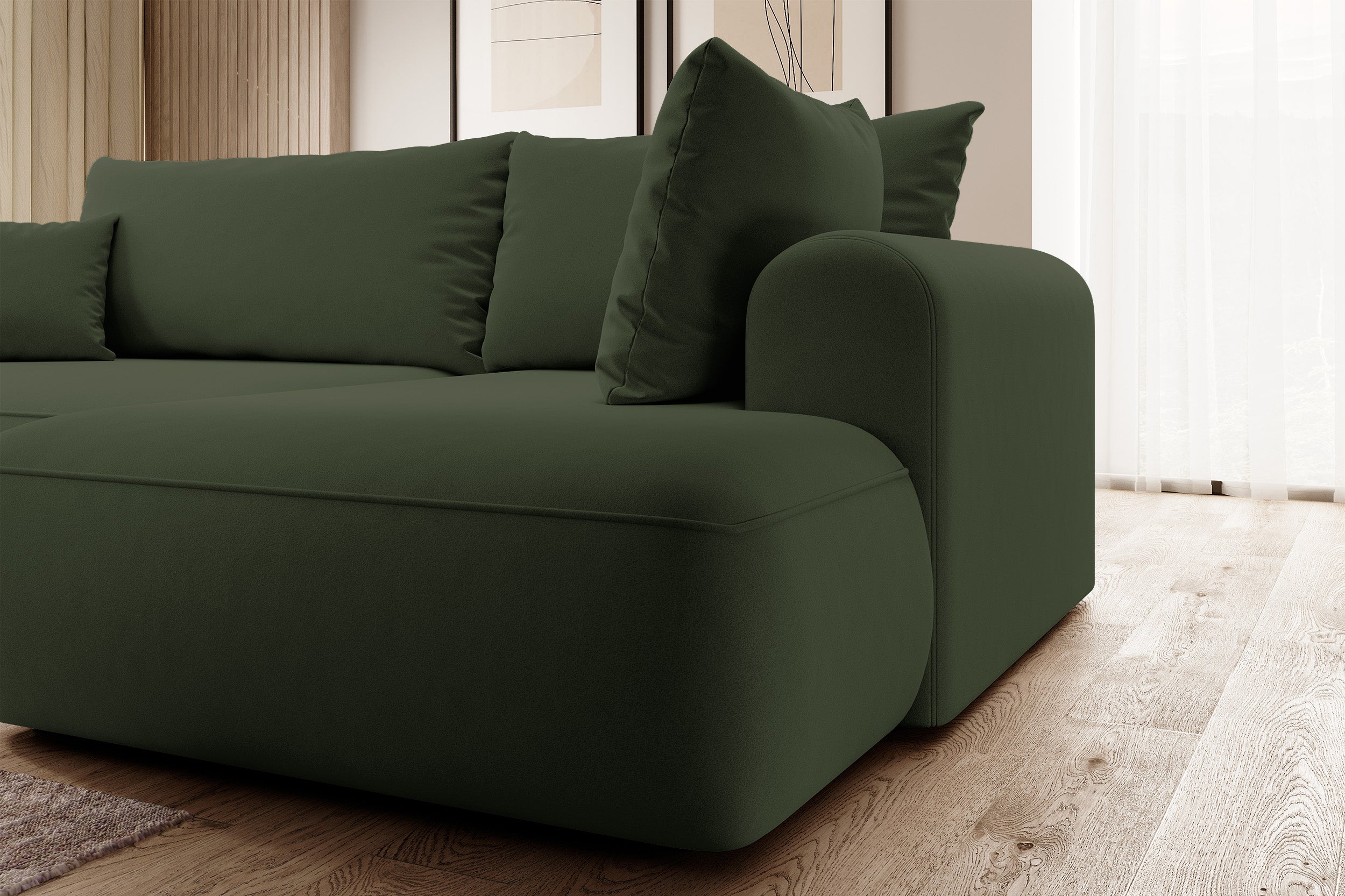 Ecksofa mit Schlaffunktion Ovo, L-förmig, mit Armlehne und Stauraum, olivfarbener, pflegeleichter Samt, rechtsseitig