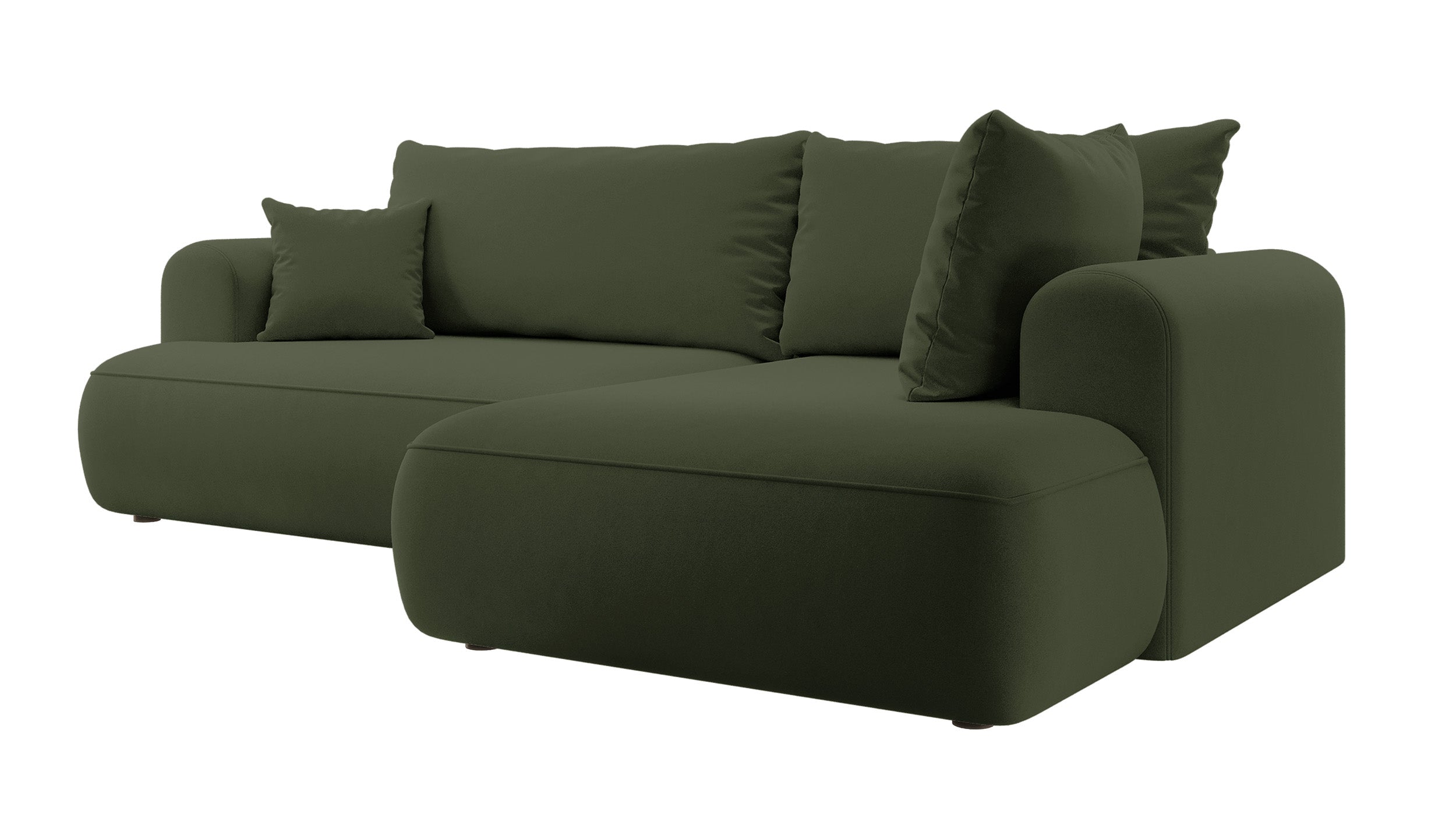 Ecksofa mit Schlaffunktion Ovo, L-förmig, mit Armlehne und Stauraum, olivfarbener, pflegeleichter Samt, rechtsseitig