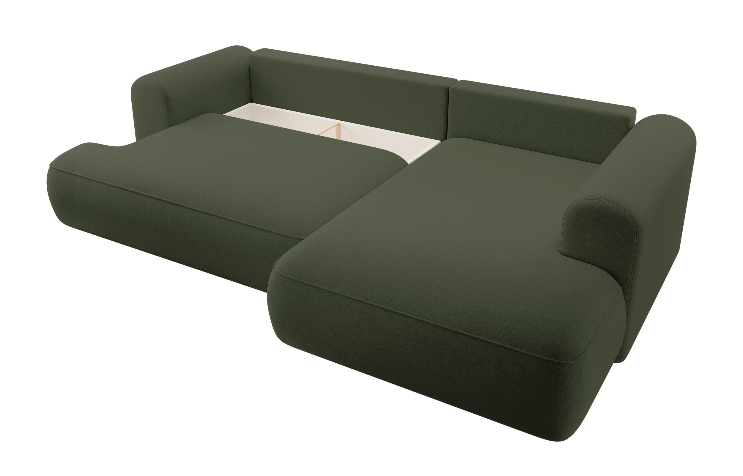Ecksofa mit Schlaffunktion Ovo, L-förmig, mit Armlehne und Stauraum, olivfarbener, pflegeleichter Samt, rechtsseitig