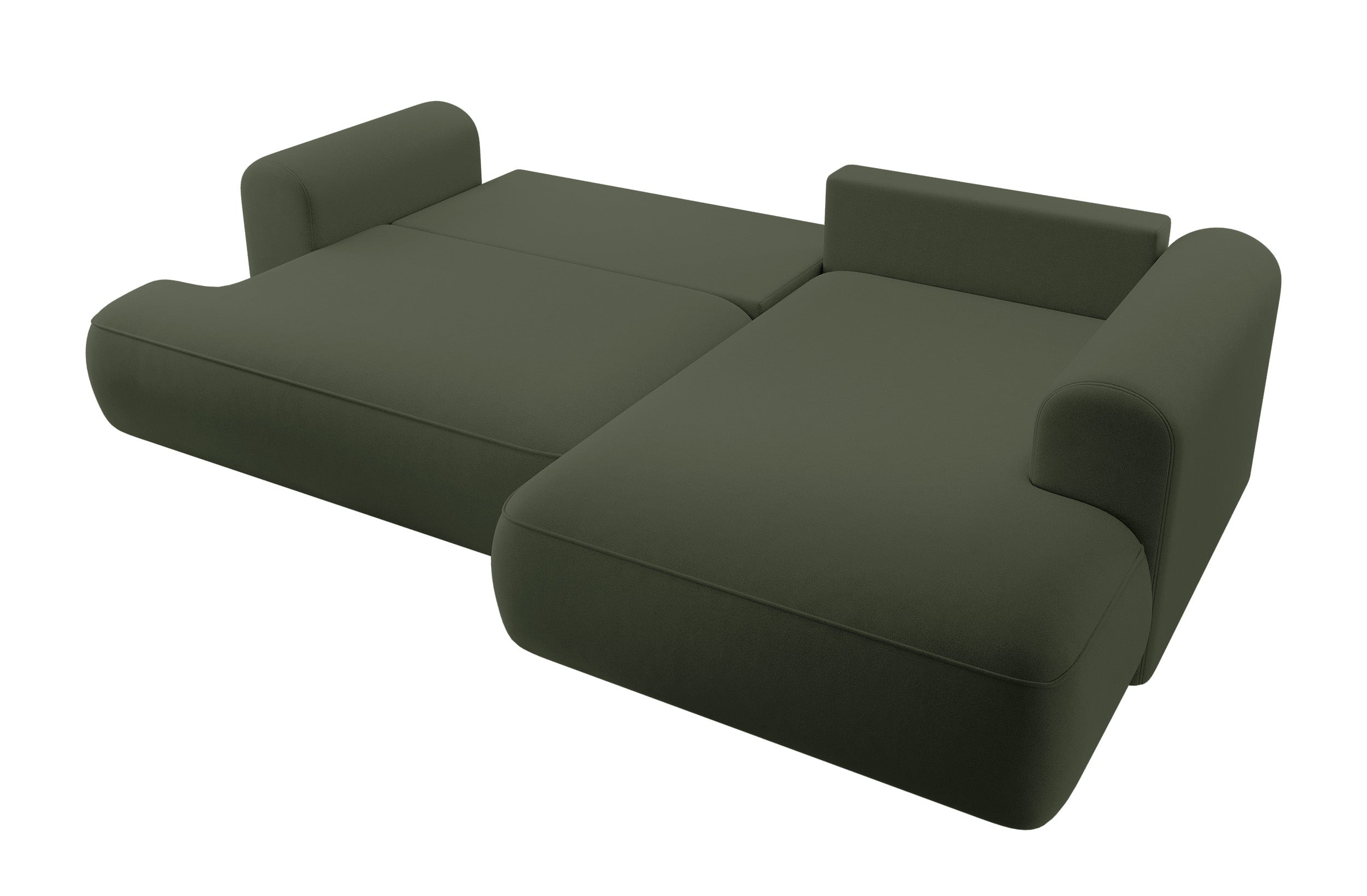 Ecksofa mit Schlaffunktion Ovo, L-förmig, mit Armlehne und Stauraum, olivfarbener, pflegeleichter Samt, rechtsseitig