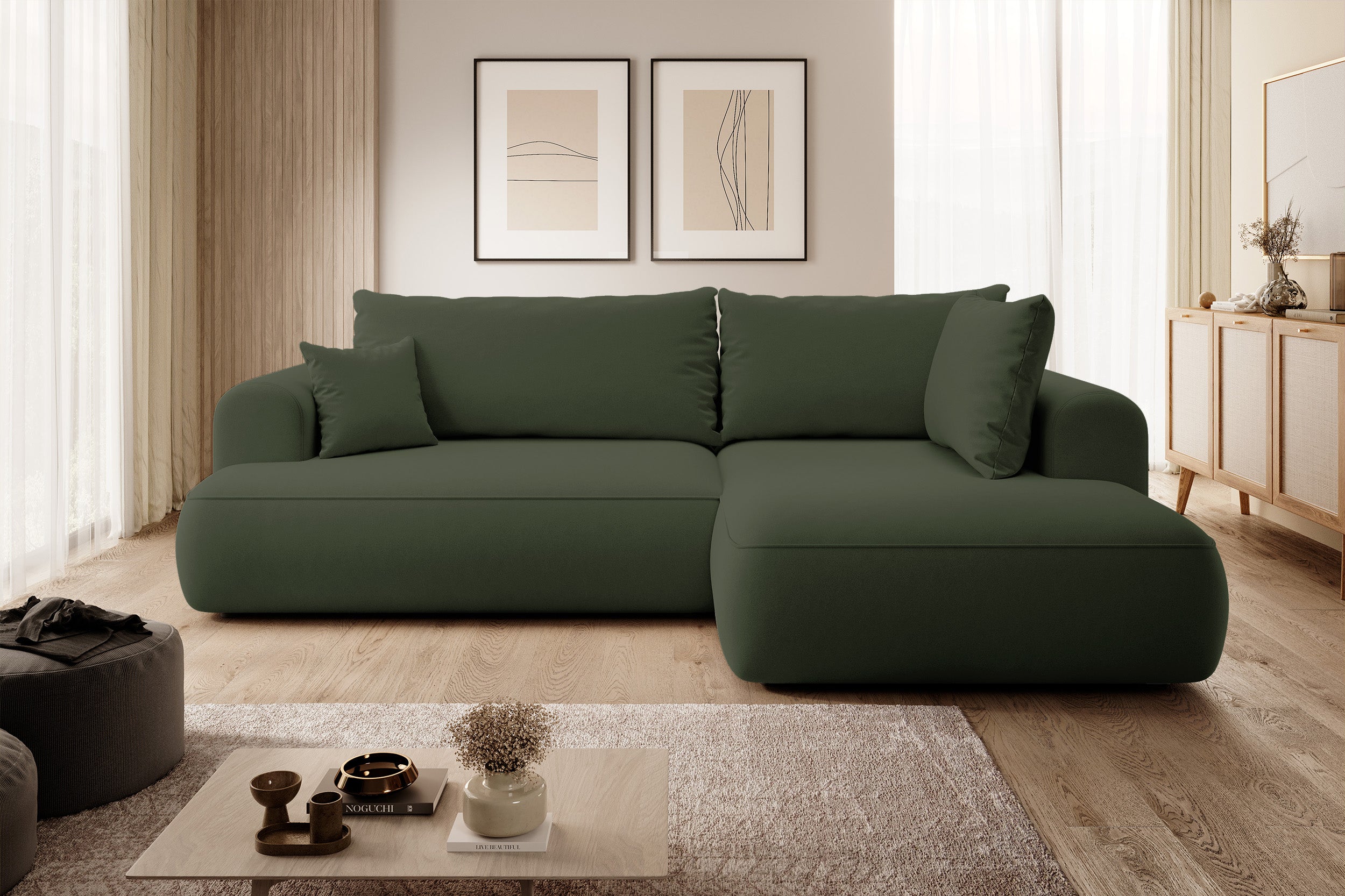 Ecksofa mit Schlaffunktion Ovo, L-förmig, mit Armlehne und Stauraum, olivfarbener, pflegeleichter Samt, rechtsseitig