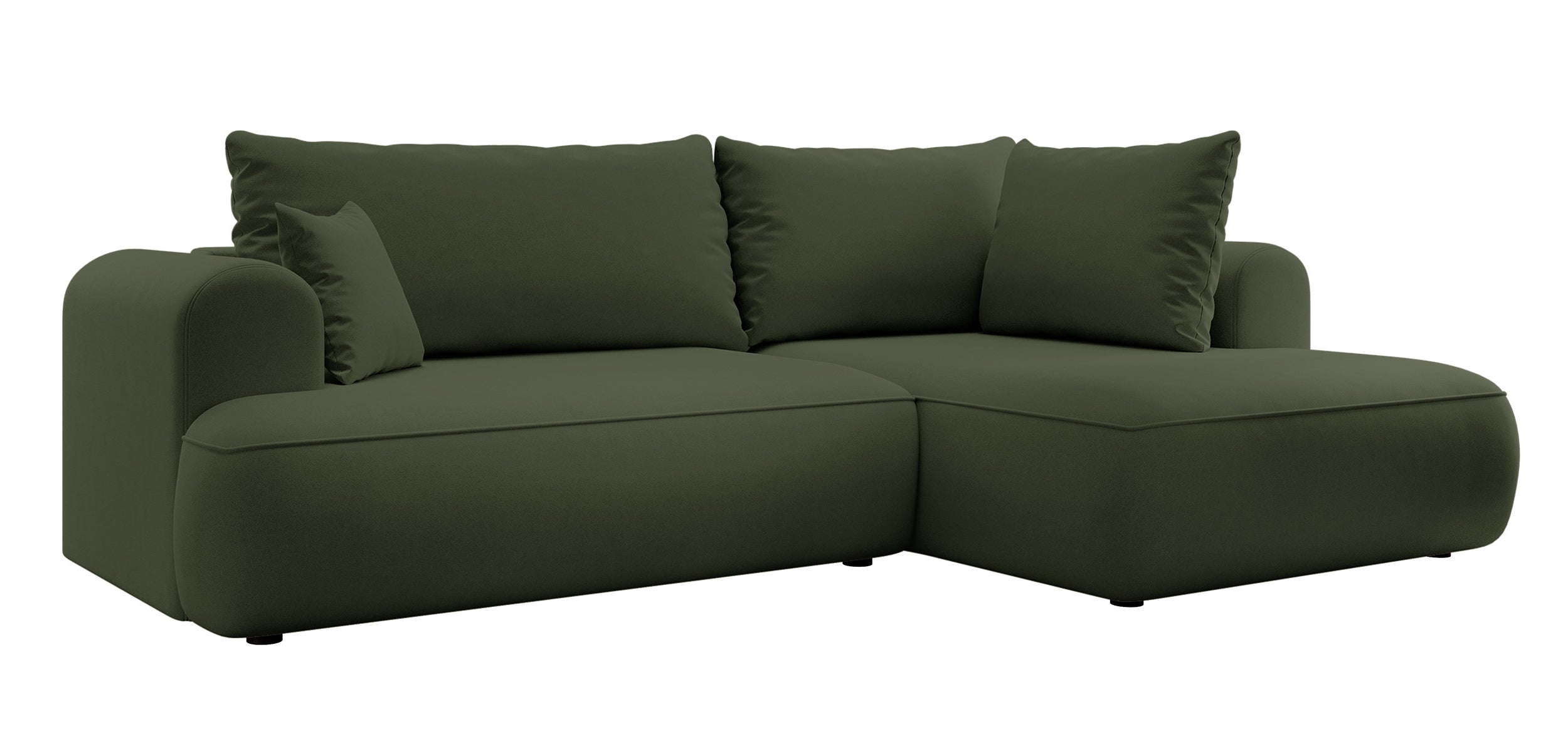 Ecksofa mit Schlaffunktion Ovo, L-förmig, mit Armlehne und Stauraum, olivfarbener, pflegeleichter Samt, rechtsseitig