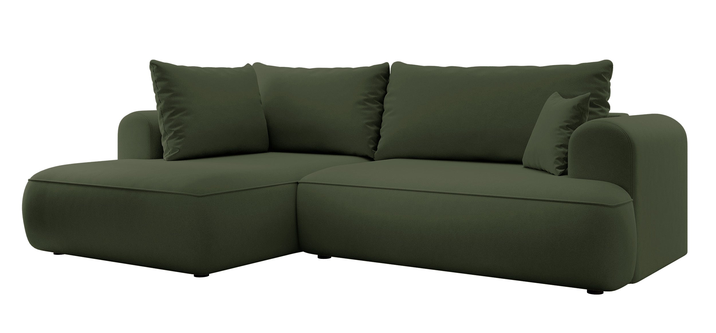 Ecksofa mit Schlaffunktion Ovo, L-förmig, mit Armlehne und Stauraum, olivgrüner, pflegeleichter Samt, linksseitig