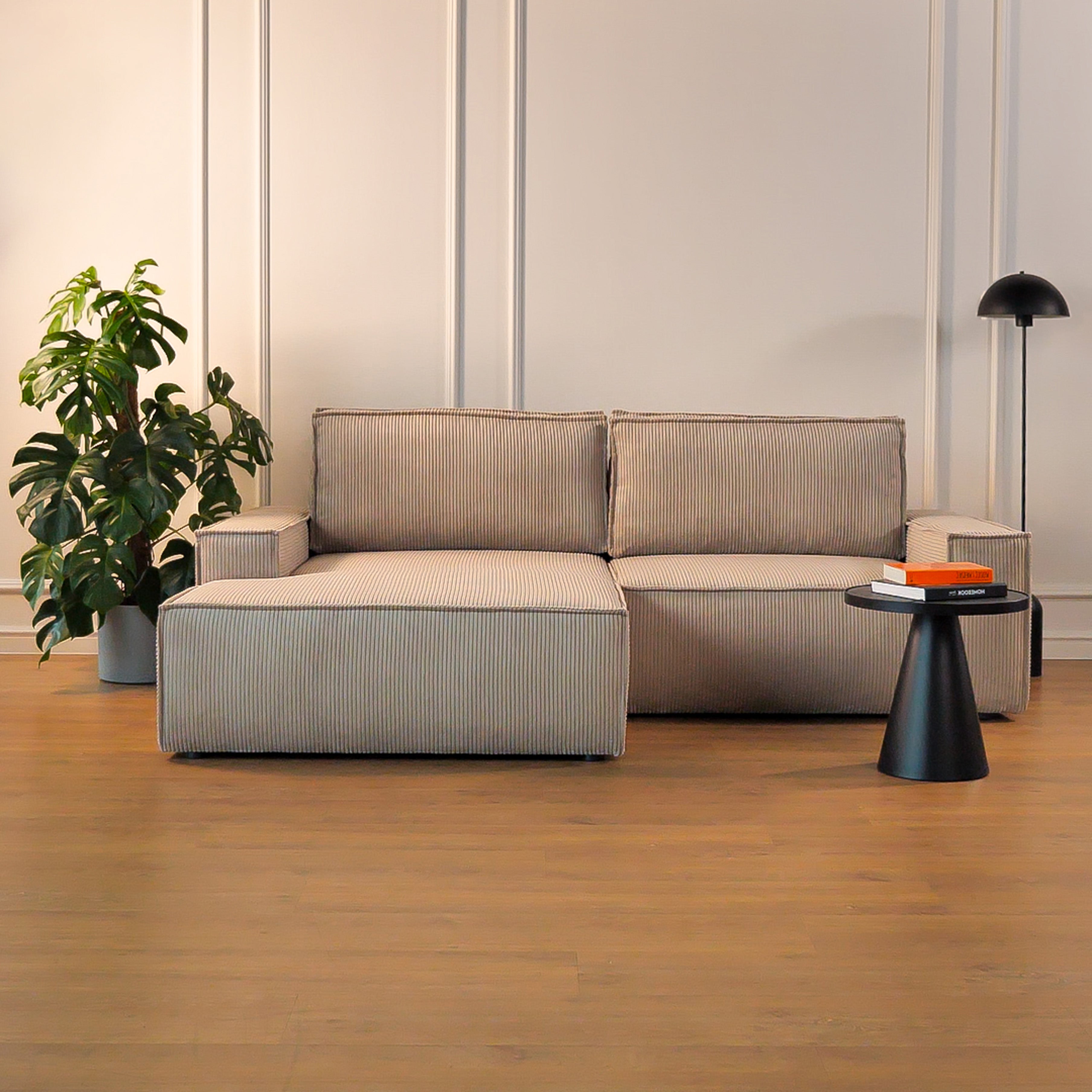 Ecksofa mit Schlaffunktion Farese Mini, L-förmig, linksseitig, mit Stauraum, beige Cordstoff