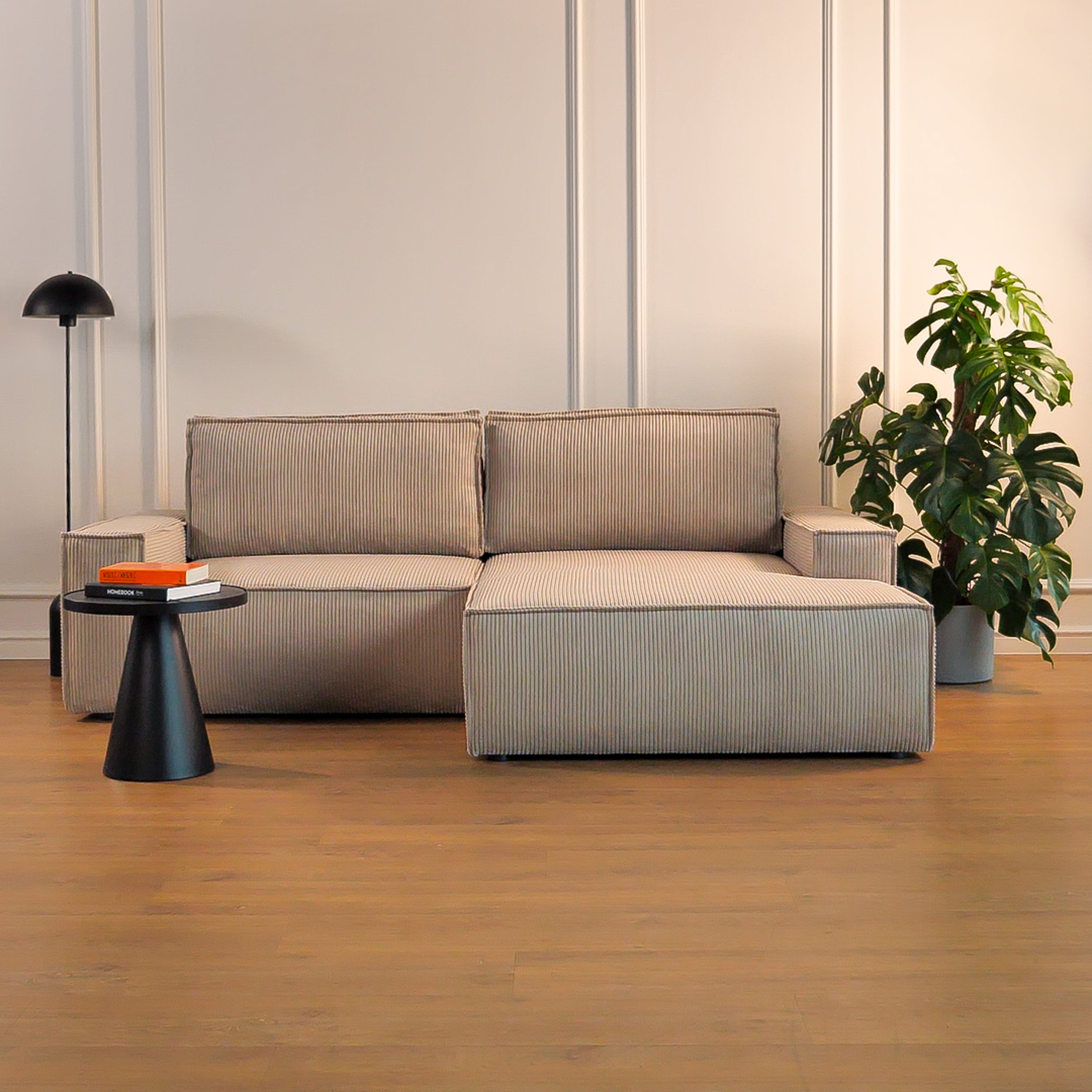 Ecksofa mit Schlaffunktion Farese Mini, L-förmig, rechtsseitig, mit Stauraum, beige Cordstoff