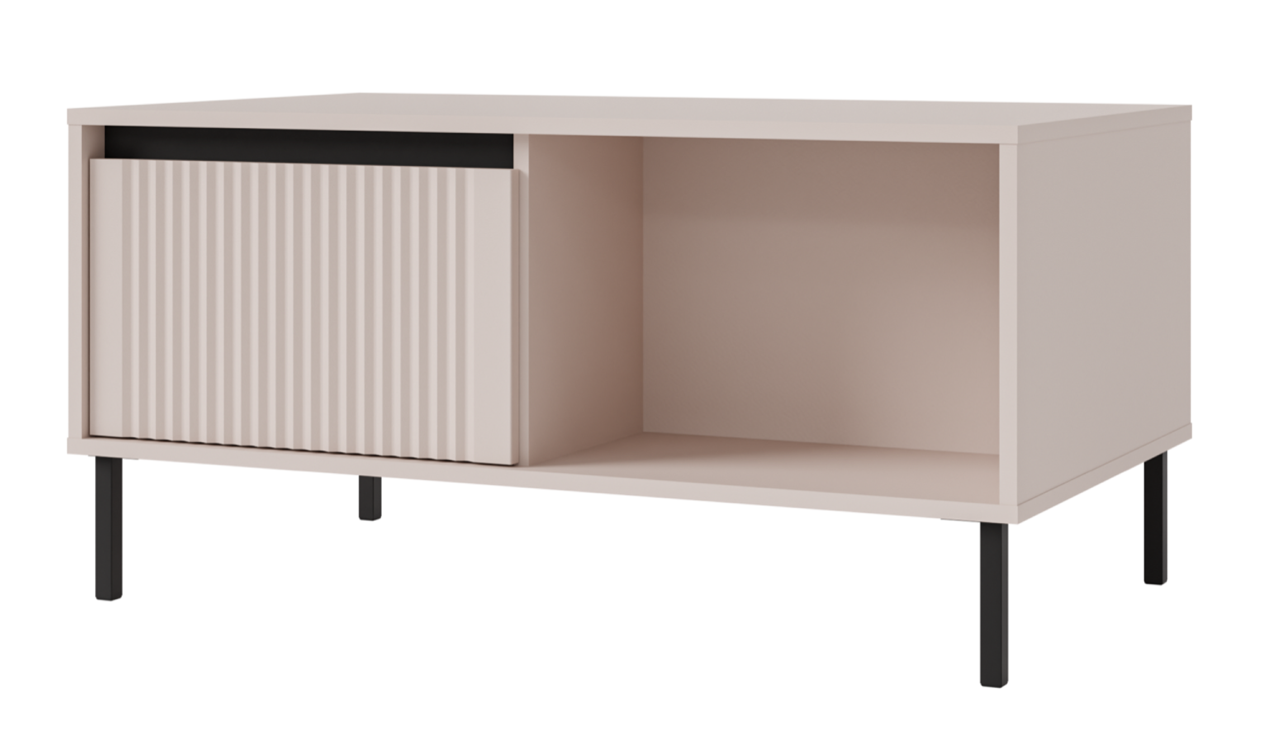 Osaka Couchtisch mit zwei Schubladen und gerillten Fronten, 100 cm, sandbeige auf schwarzen Beinen