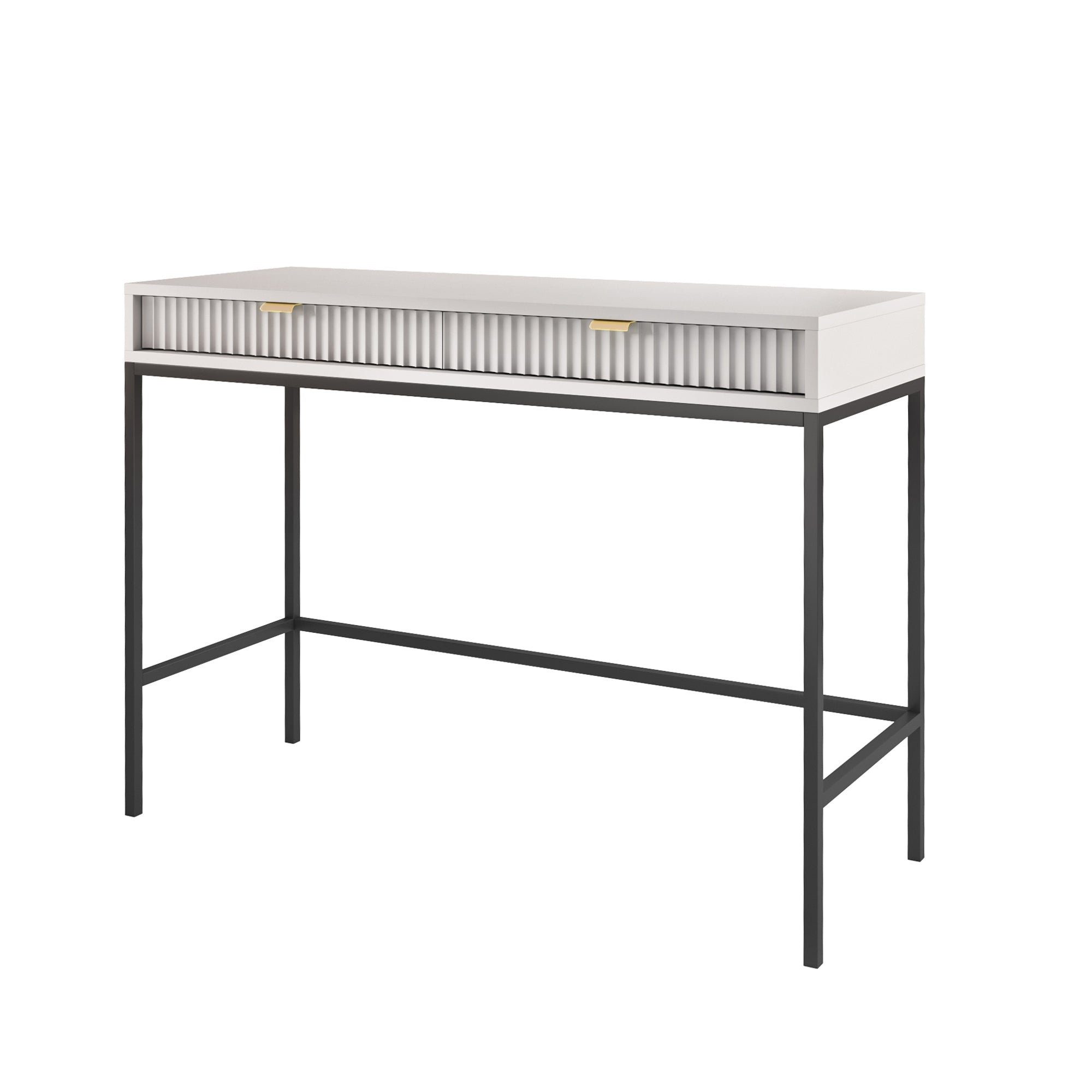Schminktisch Vellore 104 cm grau mit geriffelten Fronten und goldenen Griffen