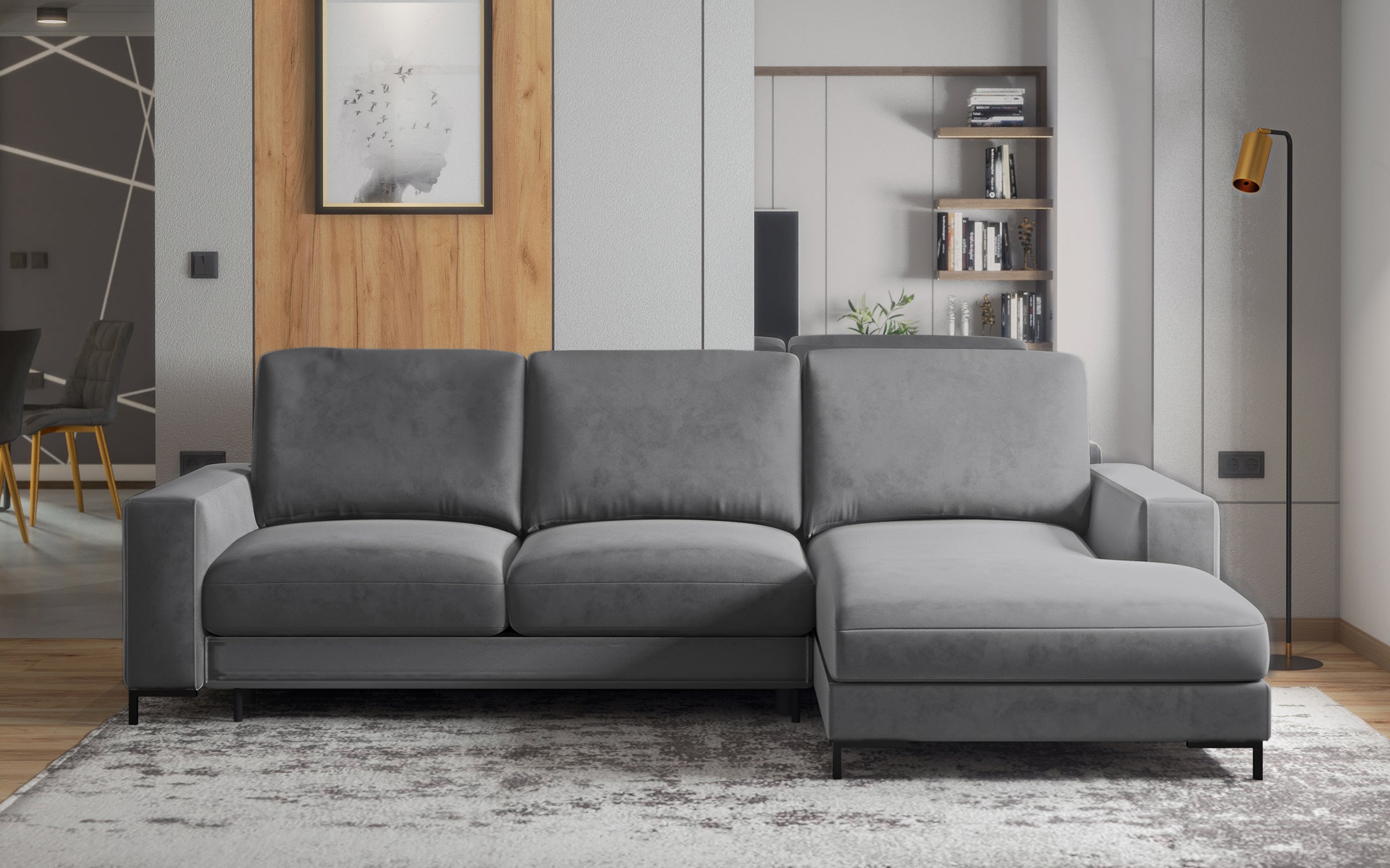 Ecksofa mit Schlaffunktion Mokpeo, L-förmig, mit zwei Stauraumfächern, schwarzen Füßen, grafitfarbener Samt, rechtsseitig