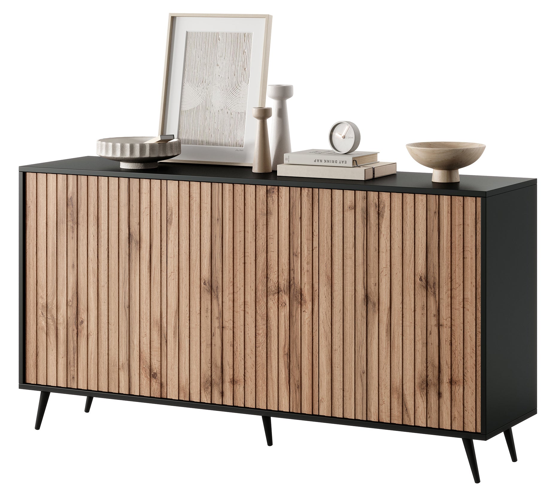 Kommode Bello mit Lamellenfronten, 154 cm, schwarz/Wotan-Eiche