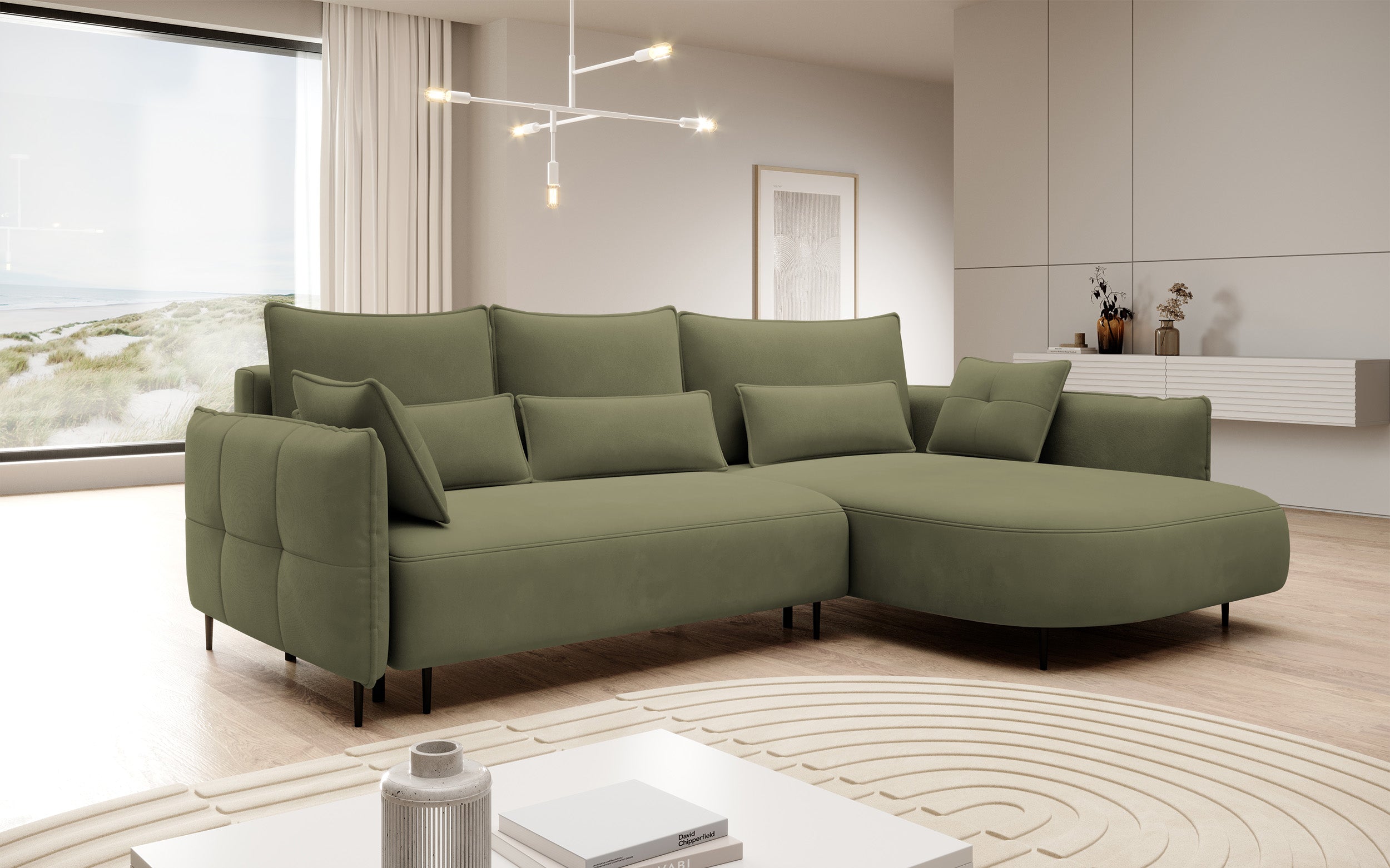 Ecksofa Oblivio mit Schlaf-Funktion, L-förmig, mit Stauraum, olivgrüner Samt, rechtsseitig, wasserabweisend