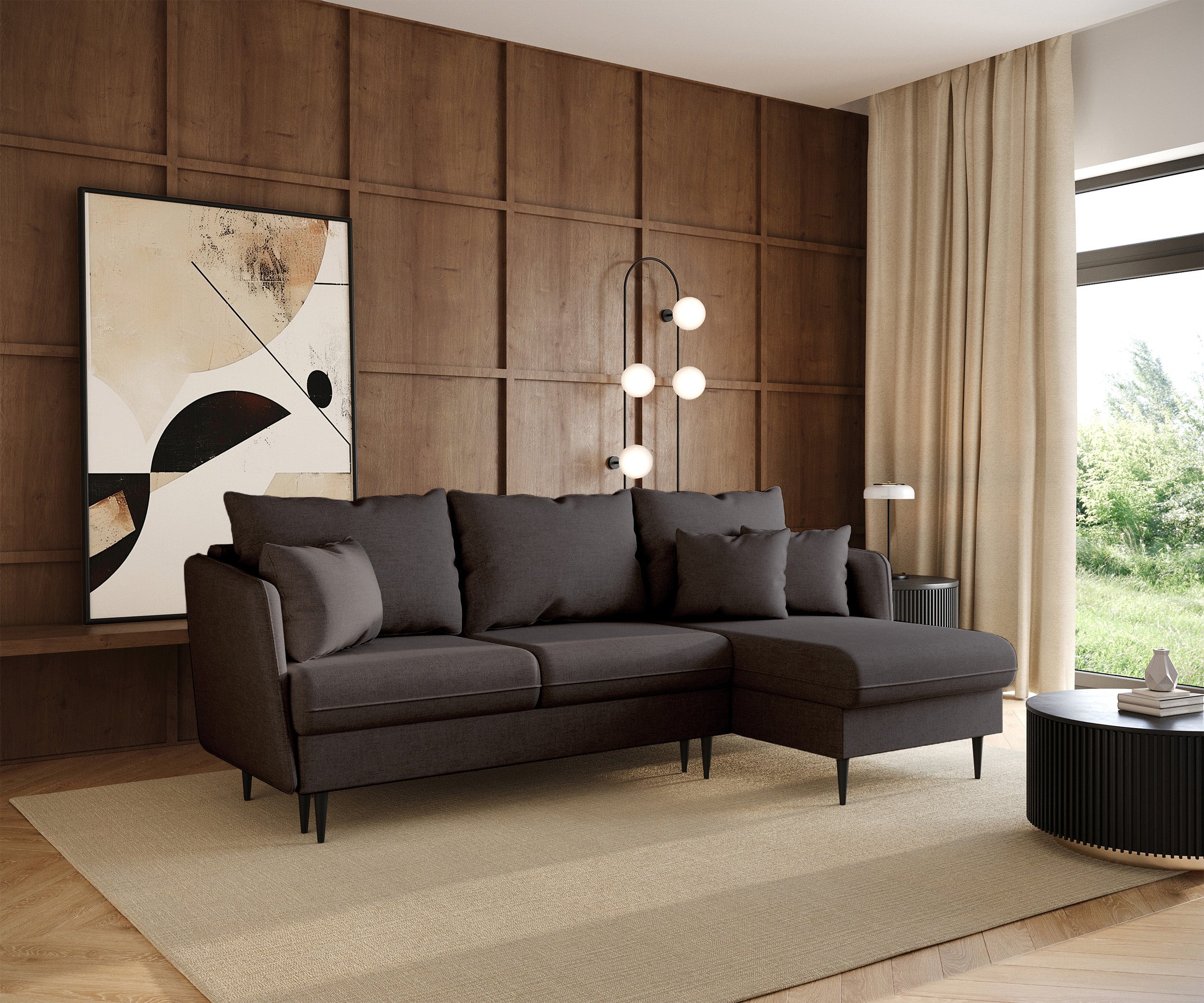Ecksofa mit Schlaffunktion Volio L-förmig dunkelgrauer Chenille Stoff schwarze Beine