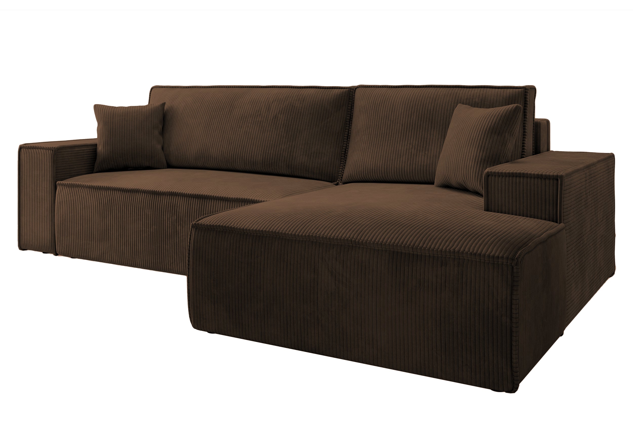 Ecksofa mit Schlaffunktion Farese New, L-förmig, mit Stauraum, brauner Cordstoff, rechtsseitig