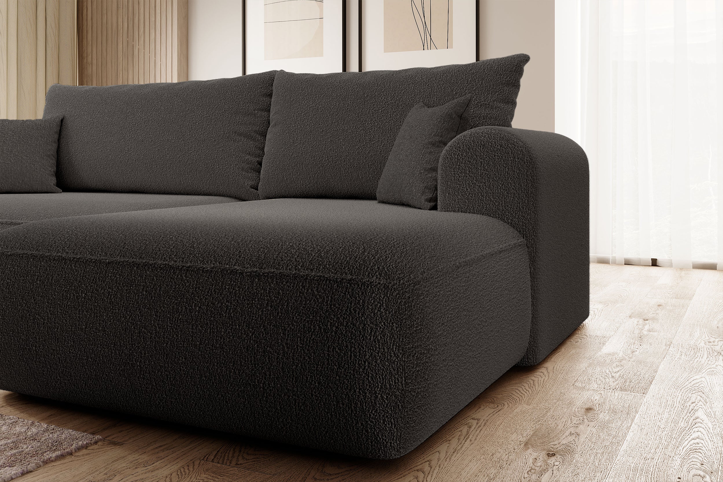 Ecksofa mit Schlaffunktion Ovo, L-förmig, dunkelgrau mit Stauraum, Bouclé, rechtsseitig