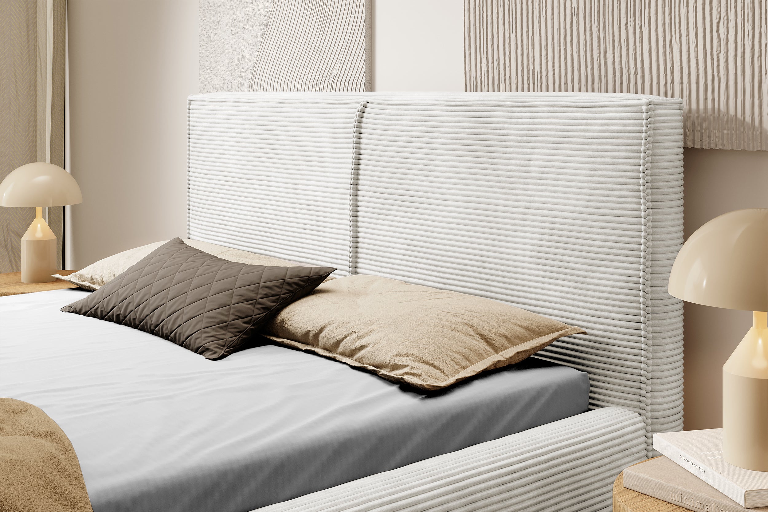 Gepolstertes Bett 180x200 cm Farese mit Stauraum und Gasdruckfeder, grau-beige Cordstoff