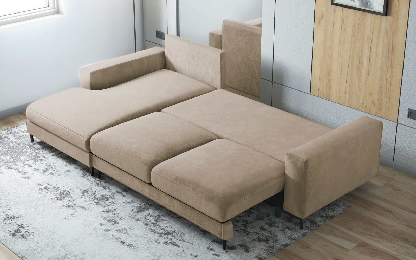 Ecksofa mit Schlaffunktion Mokpeo, L-förmig, mit zwei Stauraumfächern auf schwarzen Füßen, beige, aus pflegeleichtem Stoff, linksseitig