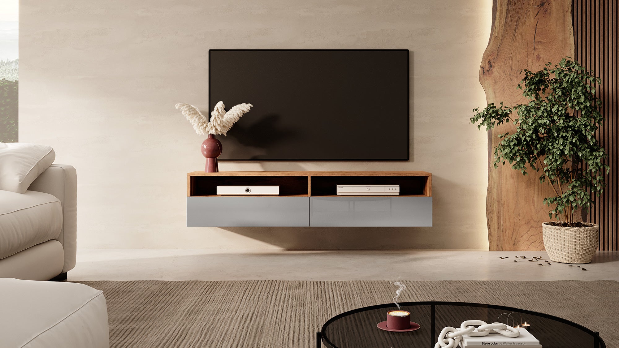 TV-Schrank mit zwei Schubladen Rednaw 140 cm Wotan-Eiche / Grauer Hochglanz mit Beleuchtung