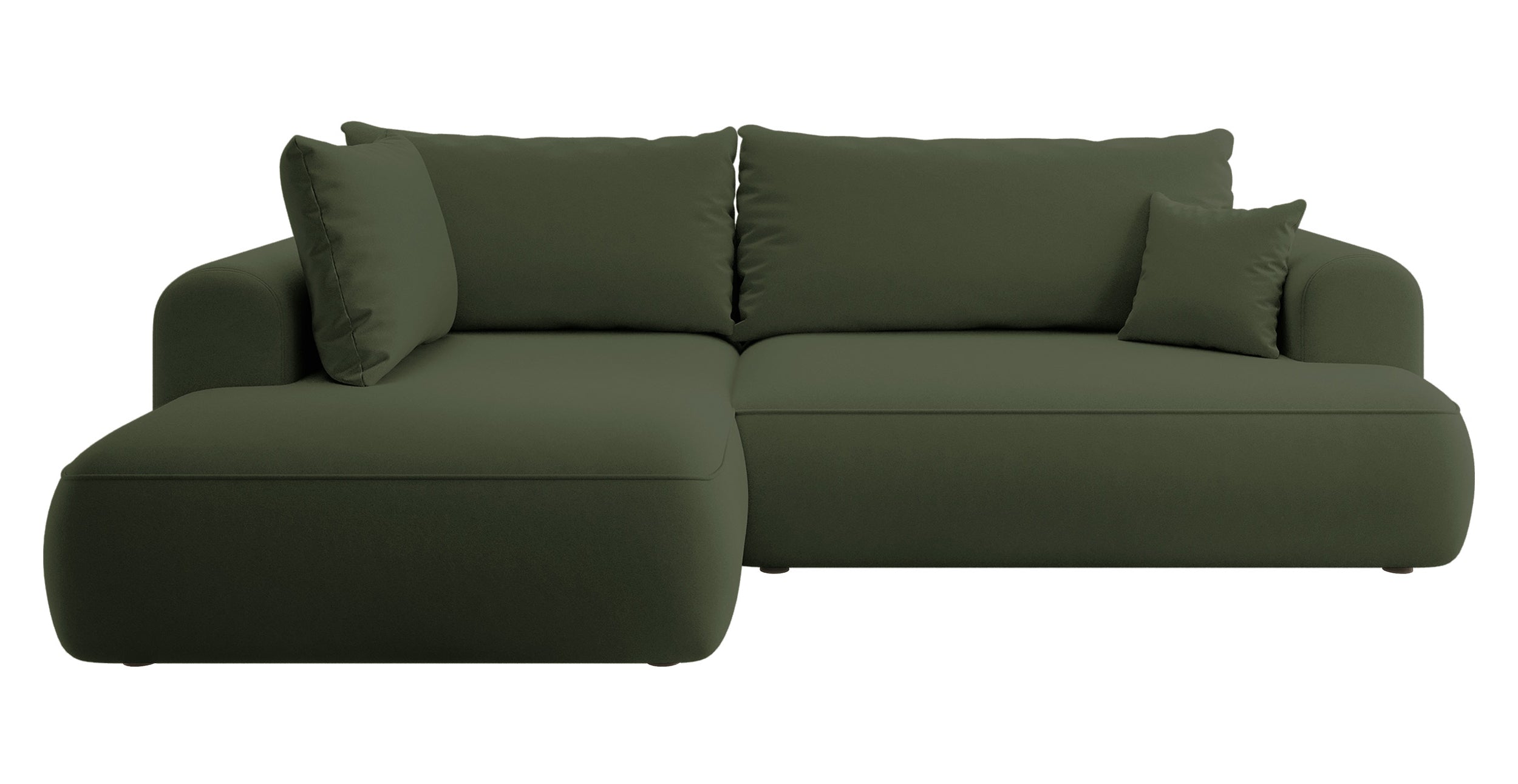 Ecksofa mit Schlaffunktion Ovo, L-förmig, mit Armlehne und Stauraum, olivgrüner, pflegeleichter Samt, linksseitig