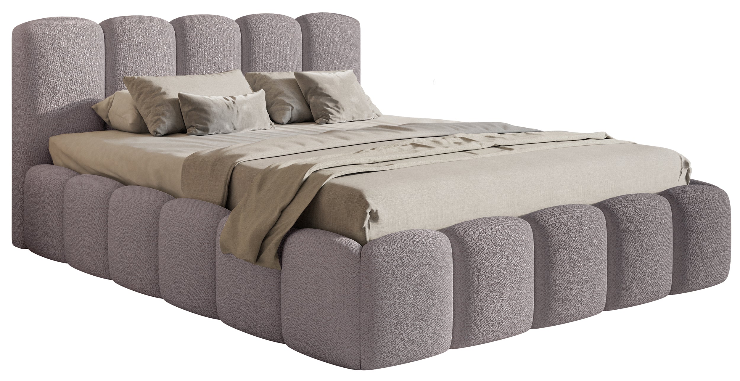 Gepolstertes Bett 140x200 cm Cloudy II mit Stauraum, grau-braunes Bouclé, Metallrahmen