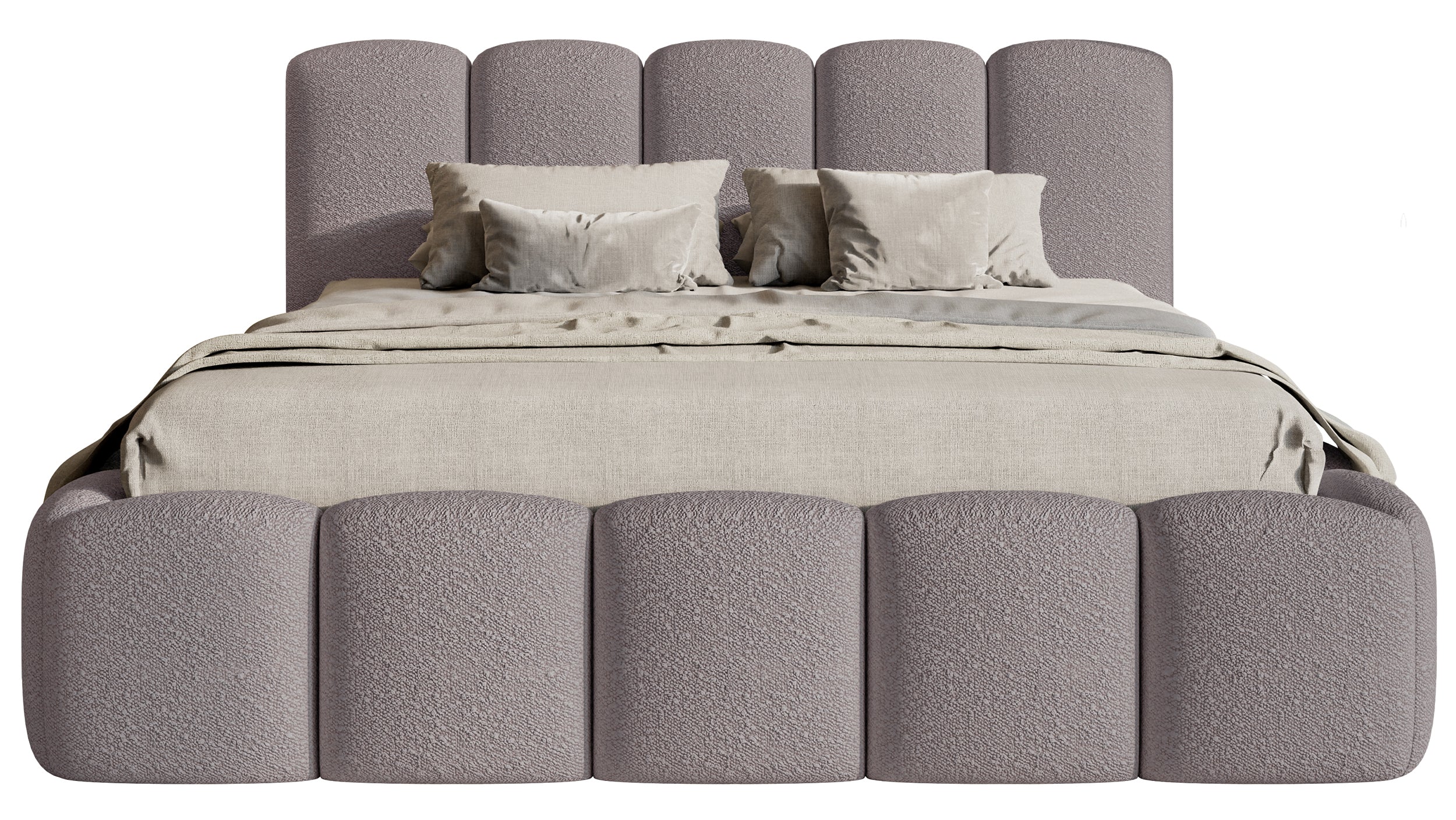 Gepolstertes Bett 140x200 cm Cloudy II mit Stauraum, grau-braunes Bouclé, Metallrahmen