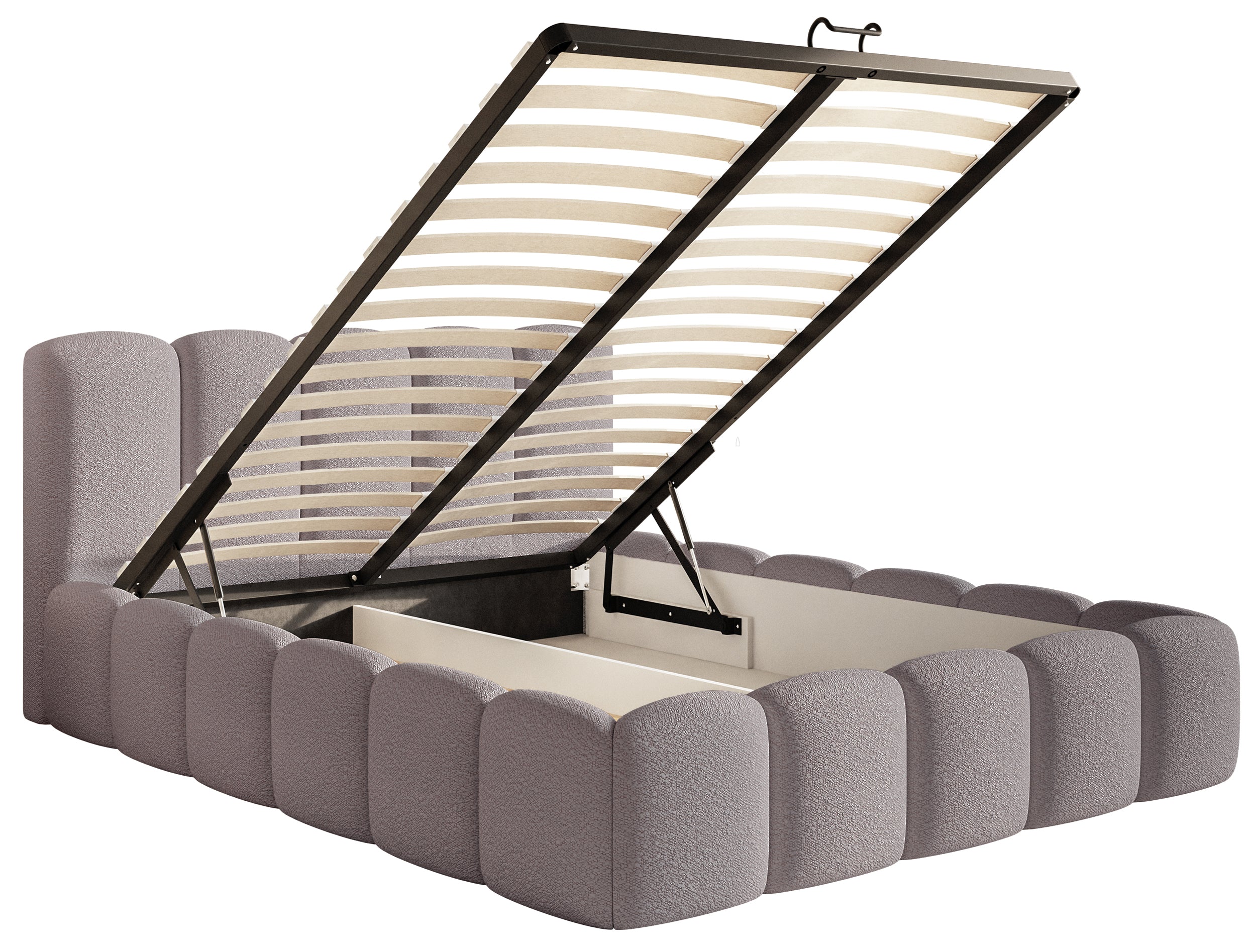Gepolstertes Bett 140x200 cm Cloudy II mit Stauraum, grau-braunes Bouclé, Metallrahmen