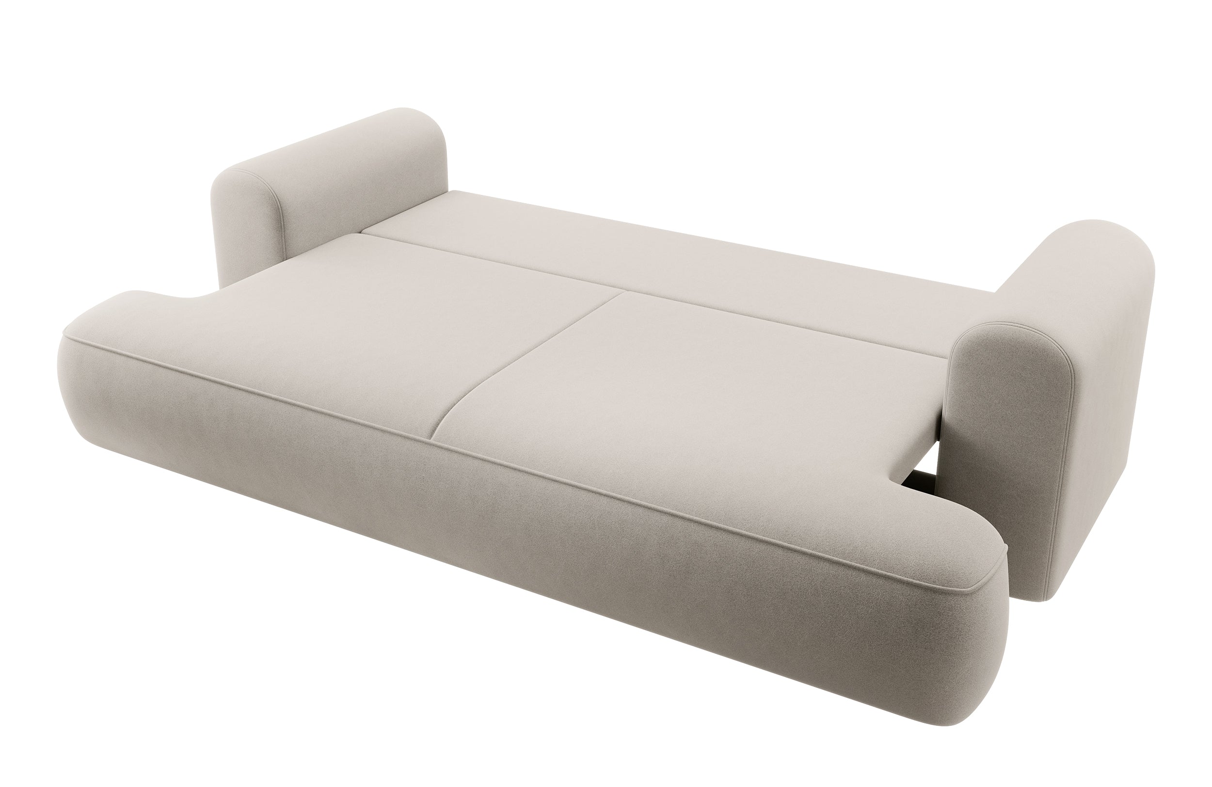 Dreisitziges ausziehbares Sofa Ovo mit Stauraum, cremefarbener Samt aus leicht zu reinigendem Stoff