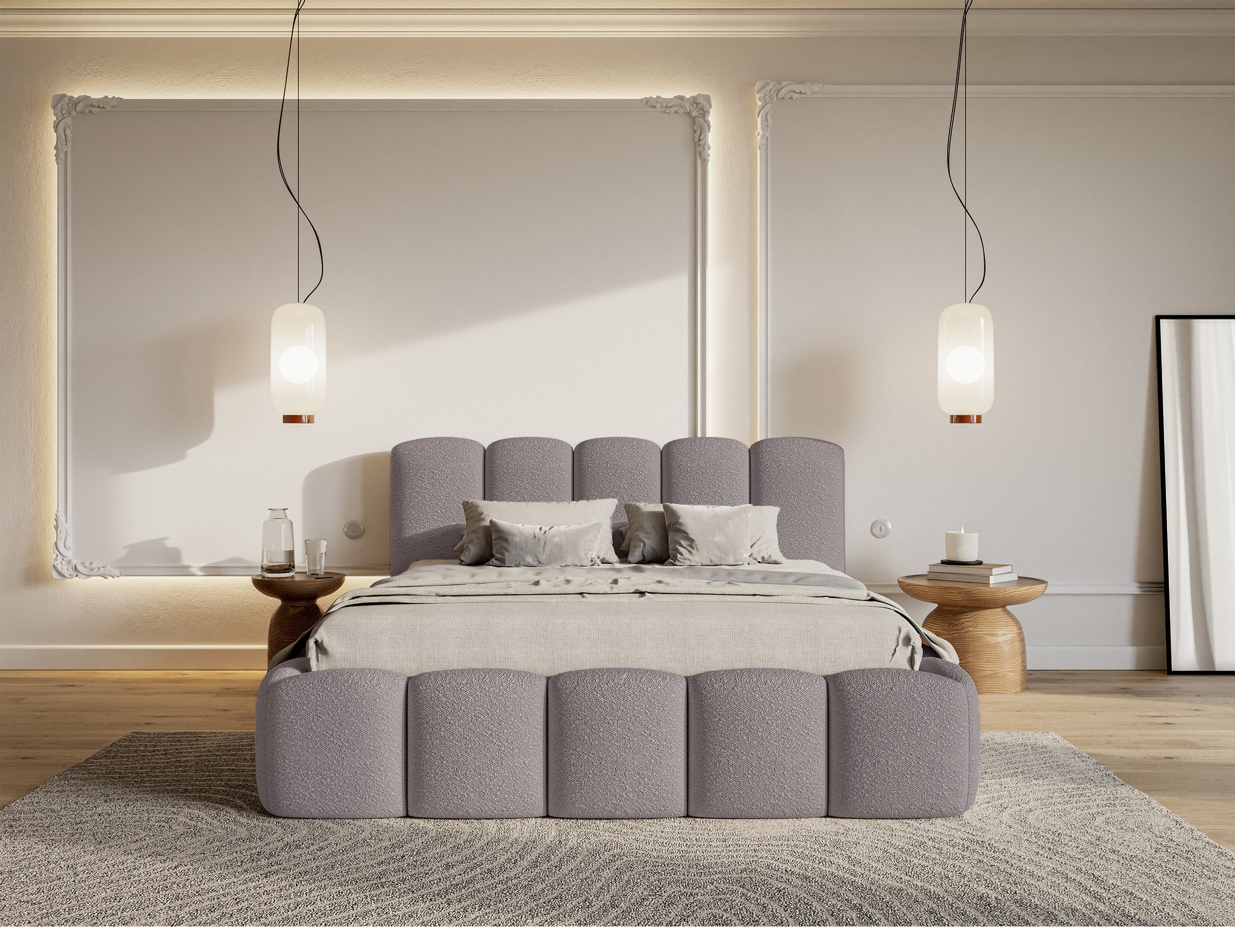 Gepolstertes Bett 140x200 cm Cloudy II mit Stauraum, grau-braunes Bouclé, Metallrahmen