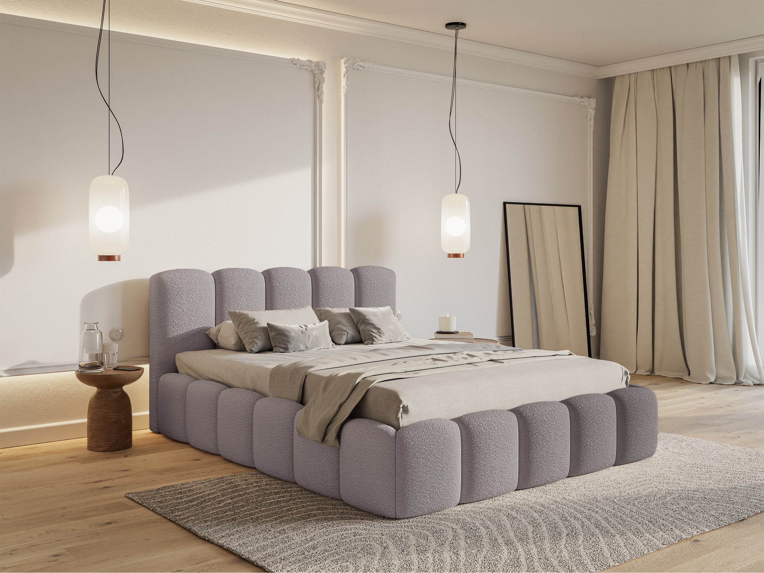 Gepolstertes Bett 140x200 cm Cloudy II mit Stauraum, grau-braunes Bouclé, Metallrahmen