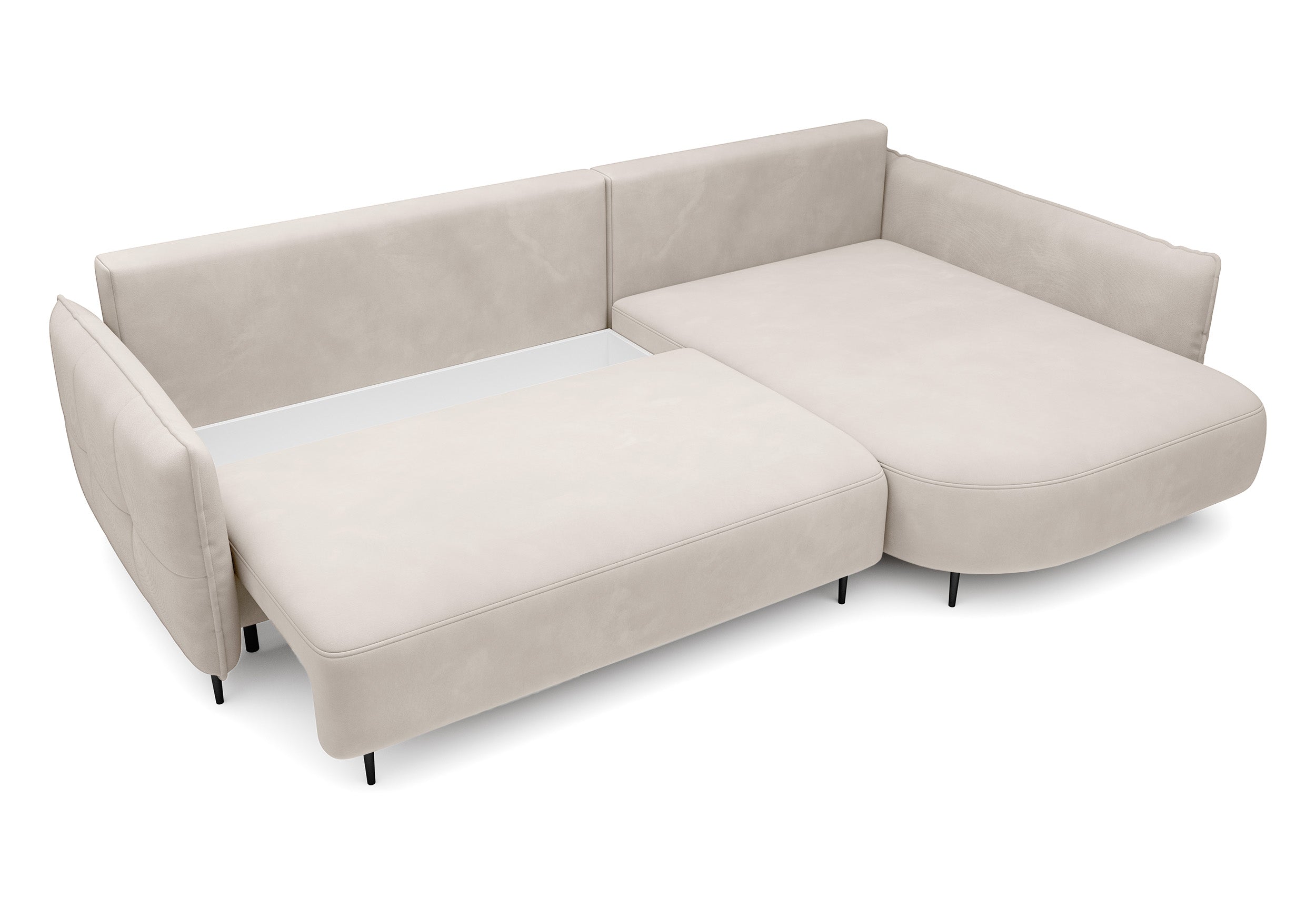 Ecksofa Oblivio mit Schlaffunktion, L-förmig, mit Stauraum, cremefarbener Samt, rechtsseitig, wasserabweisend