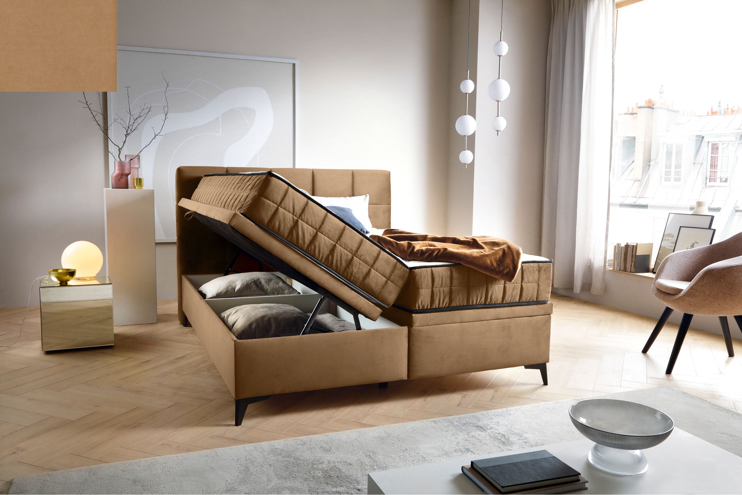 Kontinentales Bett 180x200 cm Beriano mit Stauraum und Matratze, beige Samt