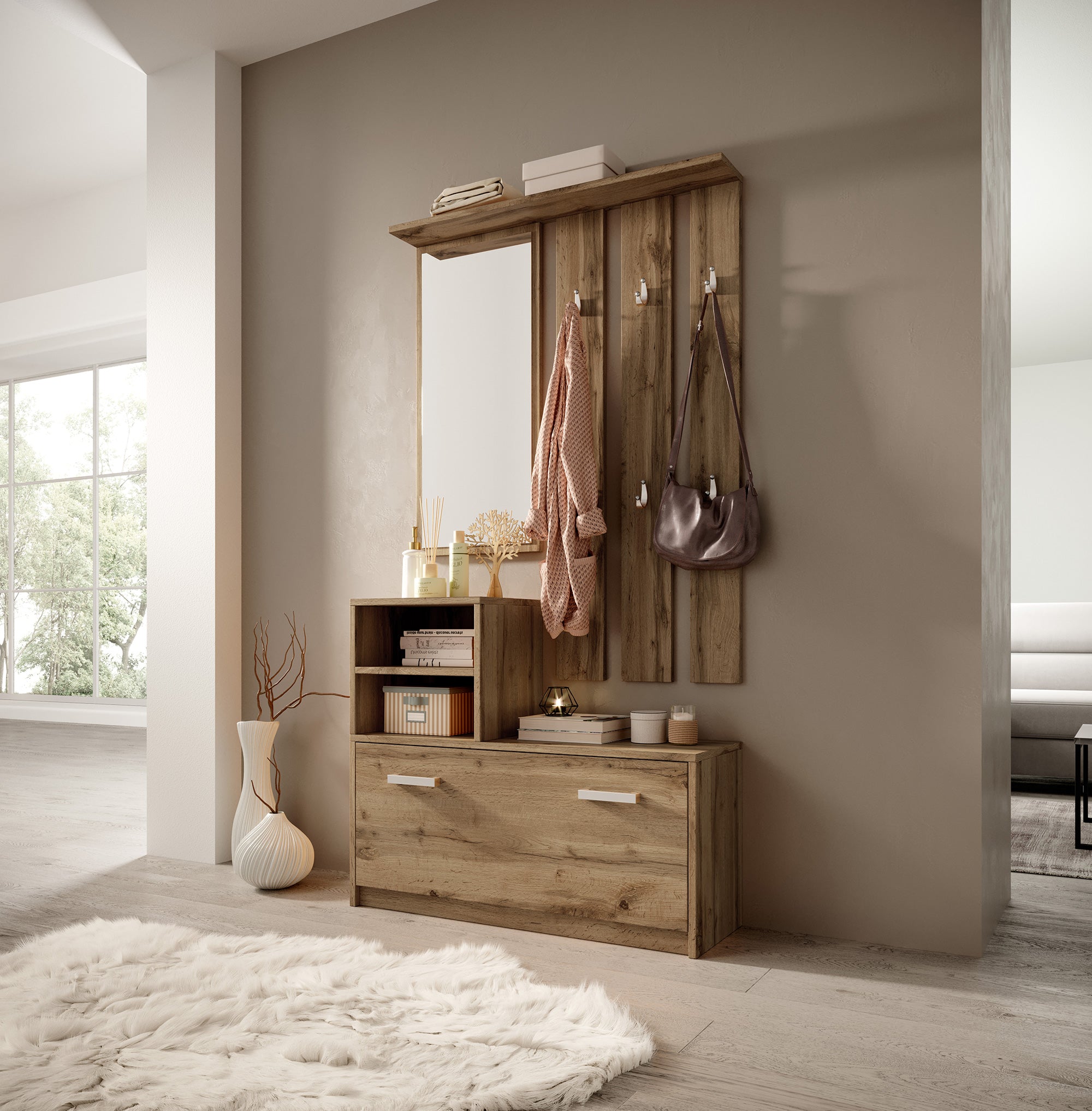 Flur-Set Yesfir mit Spiegel, Haken, Regalen und Schuhschrank Wotan-Eiche