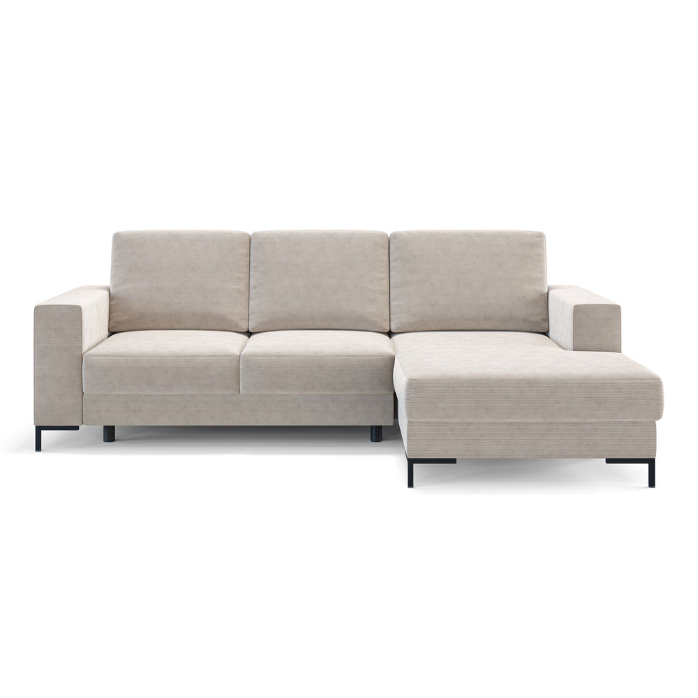 Ecksofa mit Schlafunktion Mokpeo, L-förmig, mit zwei Stauraumfächern auf schwarzen Füßen, beige Cordstoff, rechtsseitig