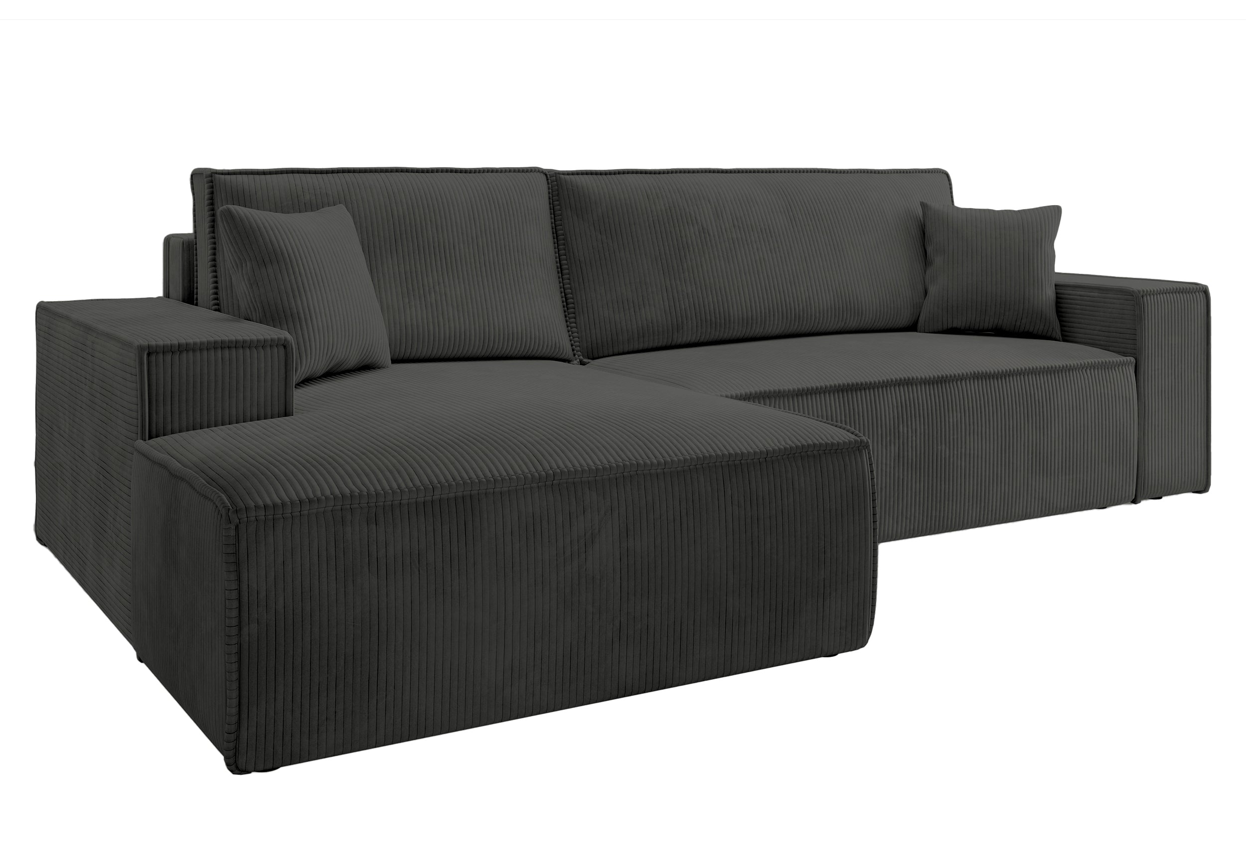 Ecksofa mit Schlaffunktion Farese New L-förmig mit Stauraum, dunkelgrauer Cord, linksseitig