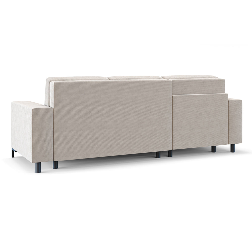 Ecksofa mit Schlaffunktion Mokpeo, L-förmig, mit zwei Stauraumfächern, auf schwarzen Füßen, beige Cordstoff, linksseitig