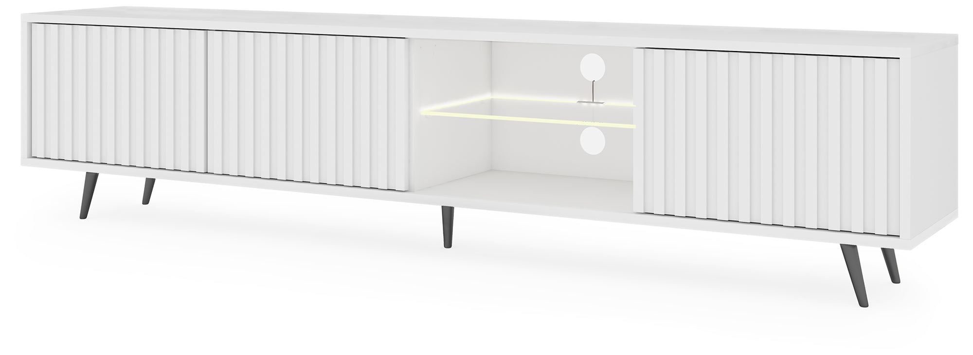 TV-Schrank Bello mit Lamellenfronten, 175 cm, weiß, mit LED und schwarzen Beinen