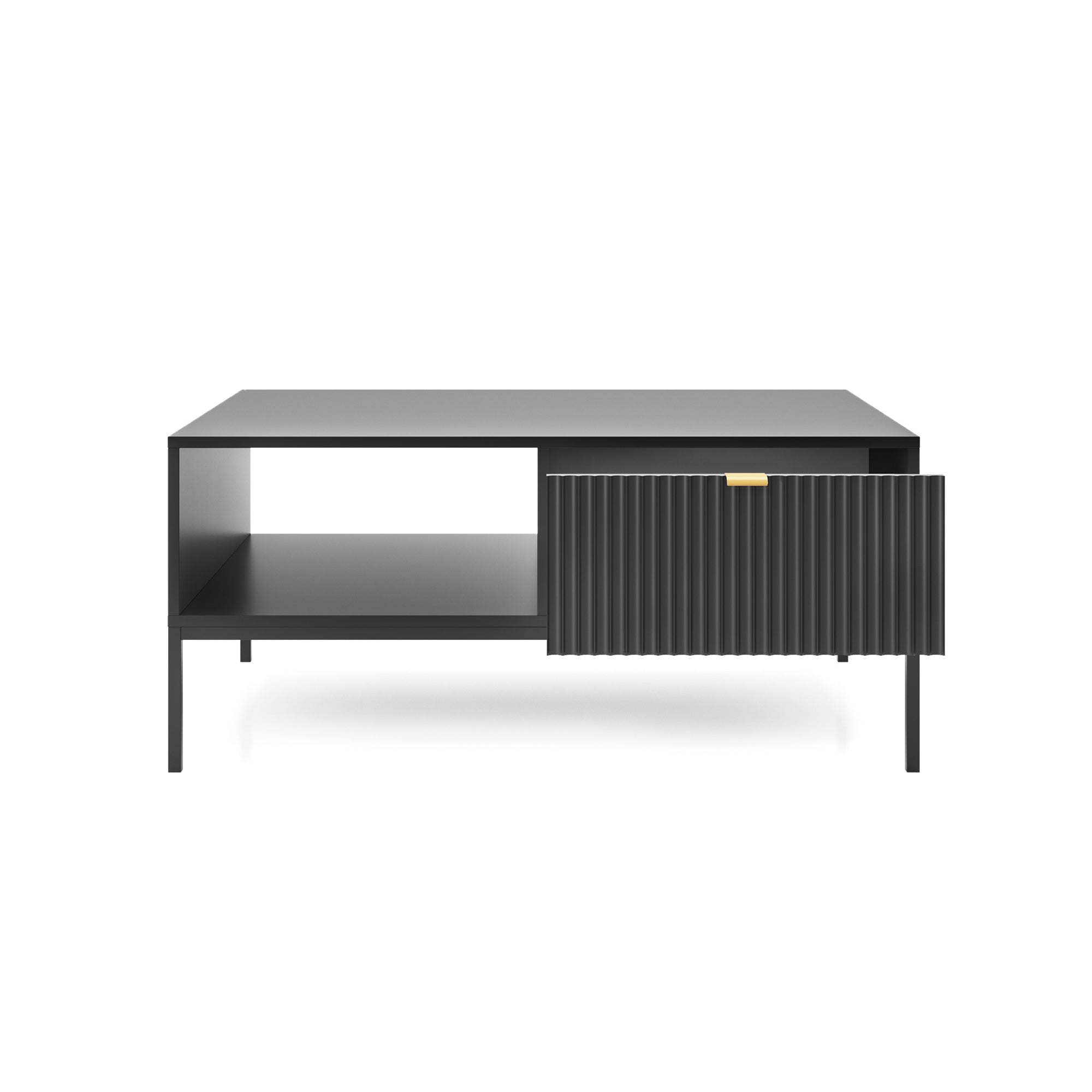 Couchtisch Vellore 104x68 cm schwarz mit geriffelter Front und goldenem Griff