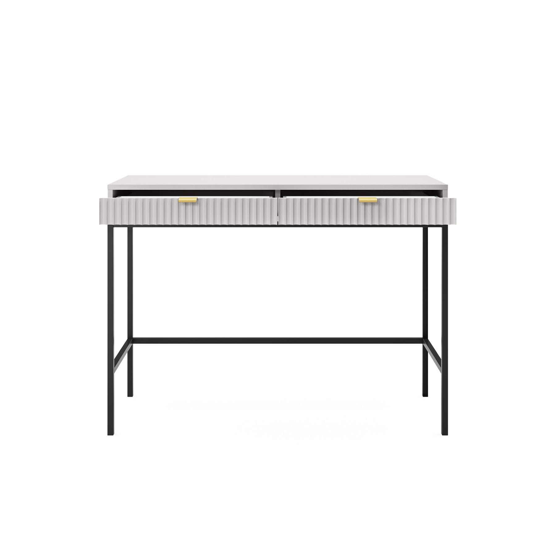 Schminktisch Vellore 104 cm grau mit geriffelten Fronten und goldenen Griffen