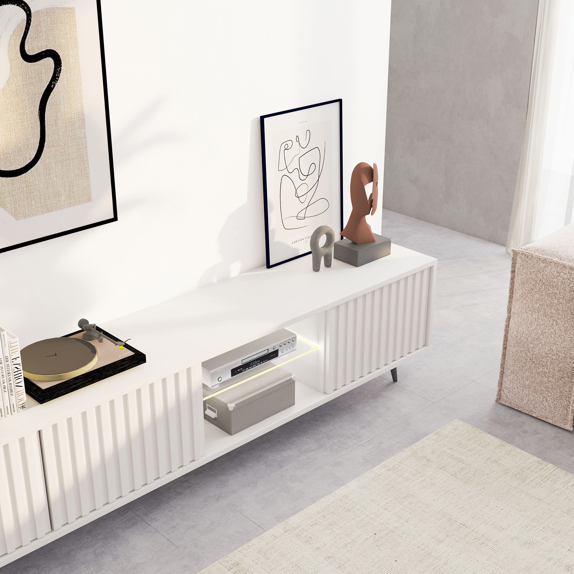 TV-Schrank Bello mit Lamellenfronten, 175 cm, weiß, mit LED und schwarzen Beinen