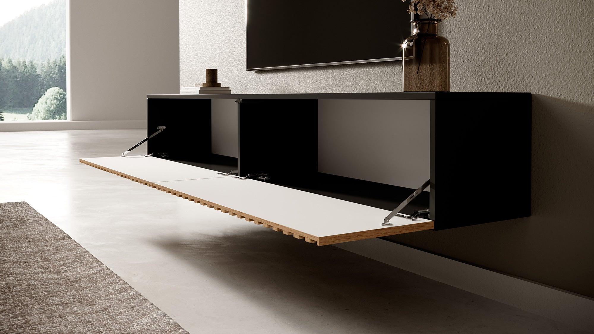 TV-Schrank Telire 175 cm schwarz mit lamellenförmiger Front Artisan-Eiche