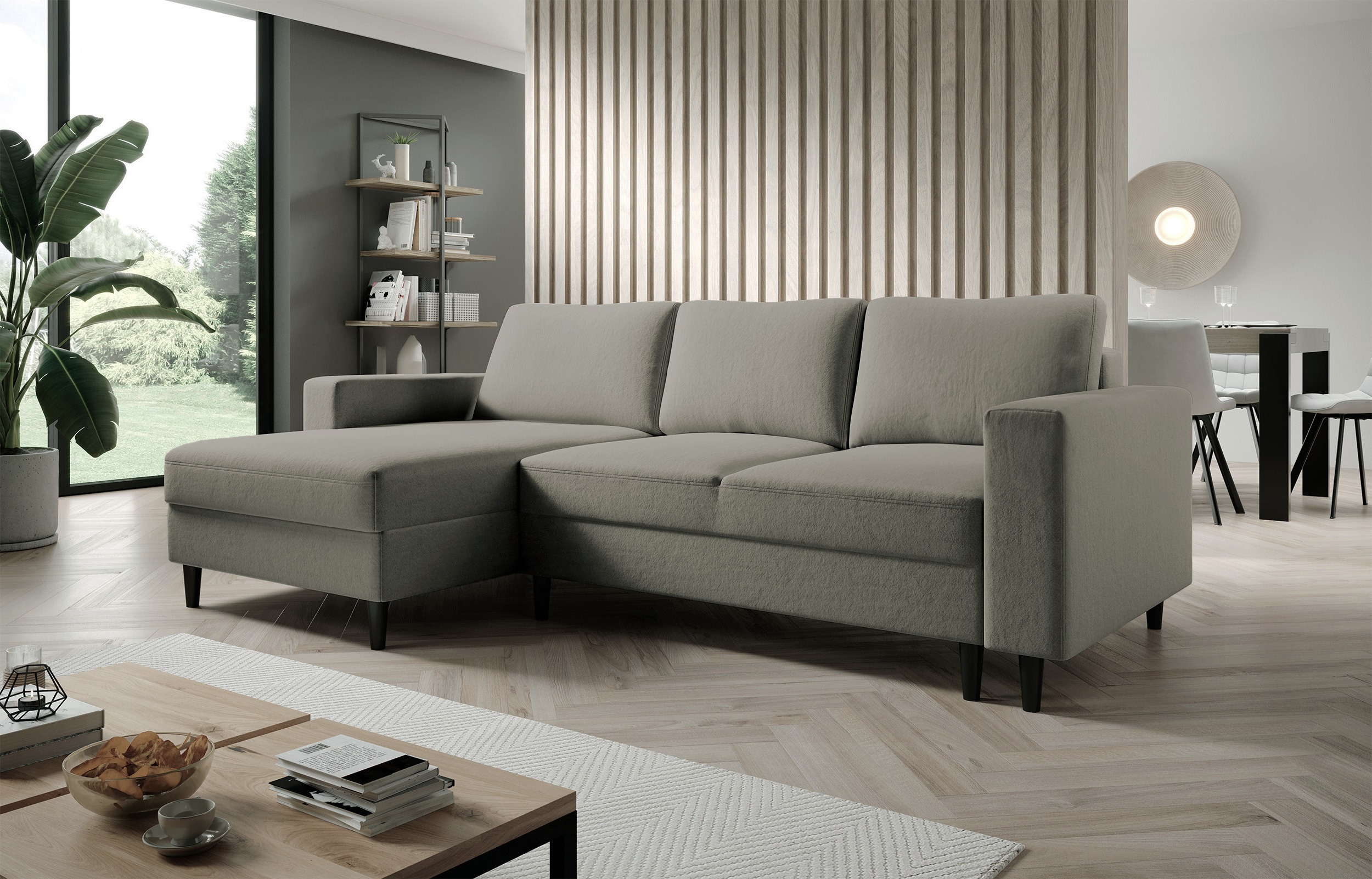 Ecksofa mit Schlaf-Funktion Nalika, L-förmig, mit Stauraum, dunkelbeige, hydrophober Samt, linksseitig
