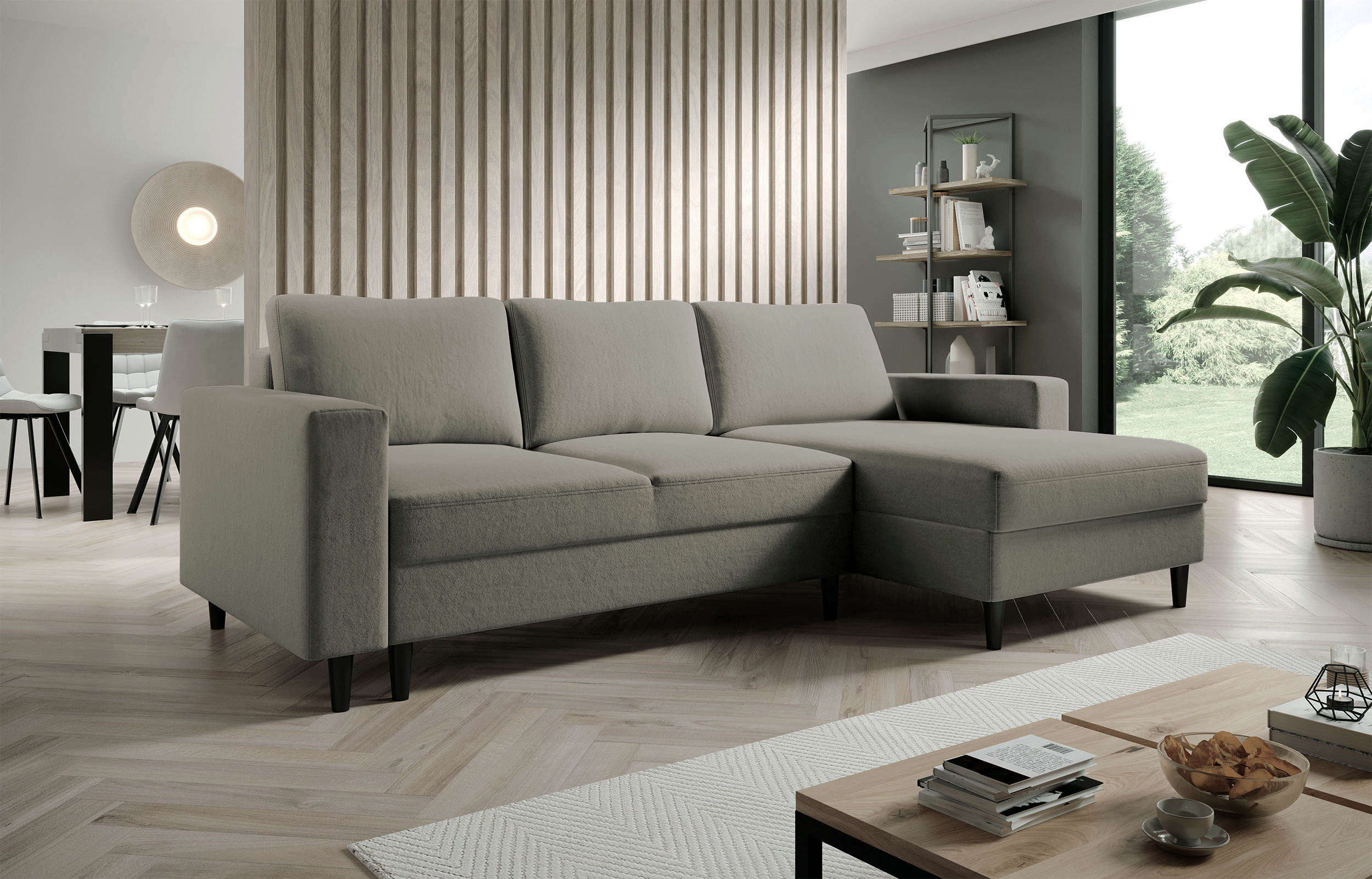 Ecksofa mit Schlafunktion Nalika, L-förmig, mit Stauraum, dunkelbeiger, wasserabweisender Samt, rechtsseitig