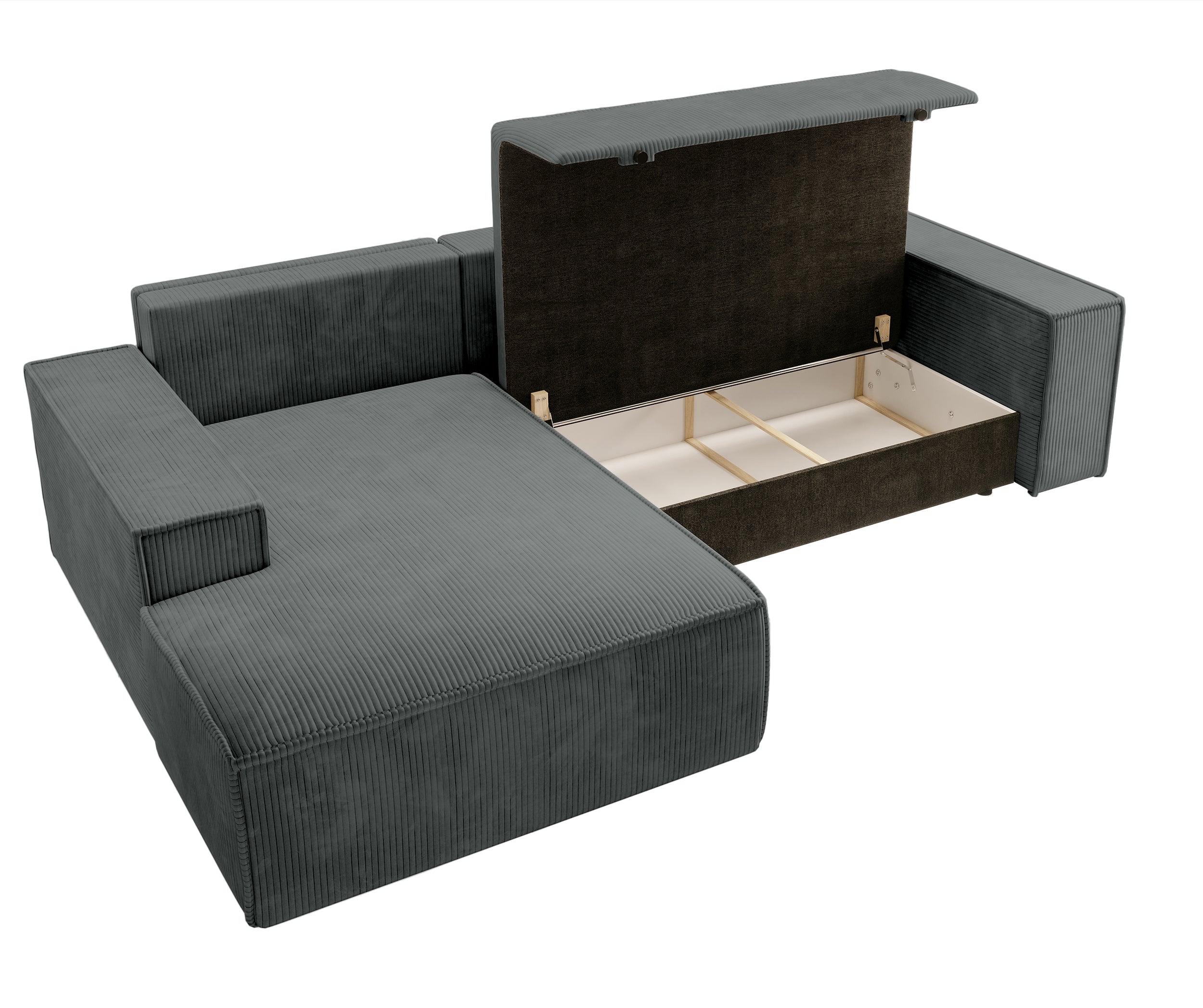 Ecksofa mit Schlaffunktion Farese New L-förmig mit Stauraum, grauer Cord, linksseitig