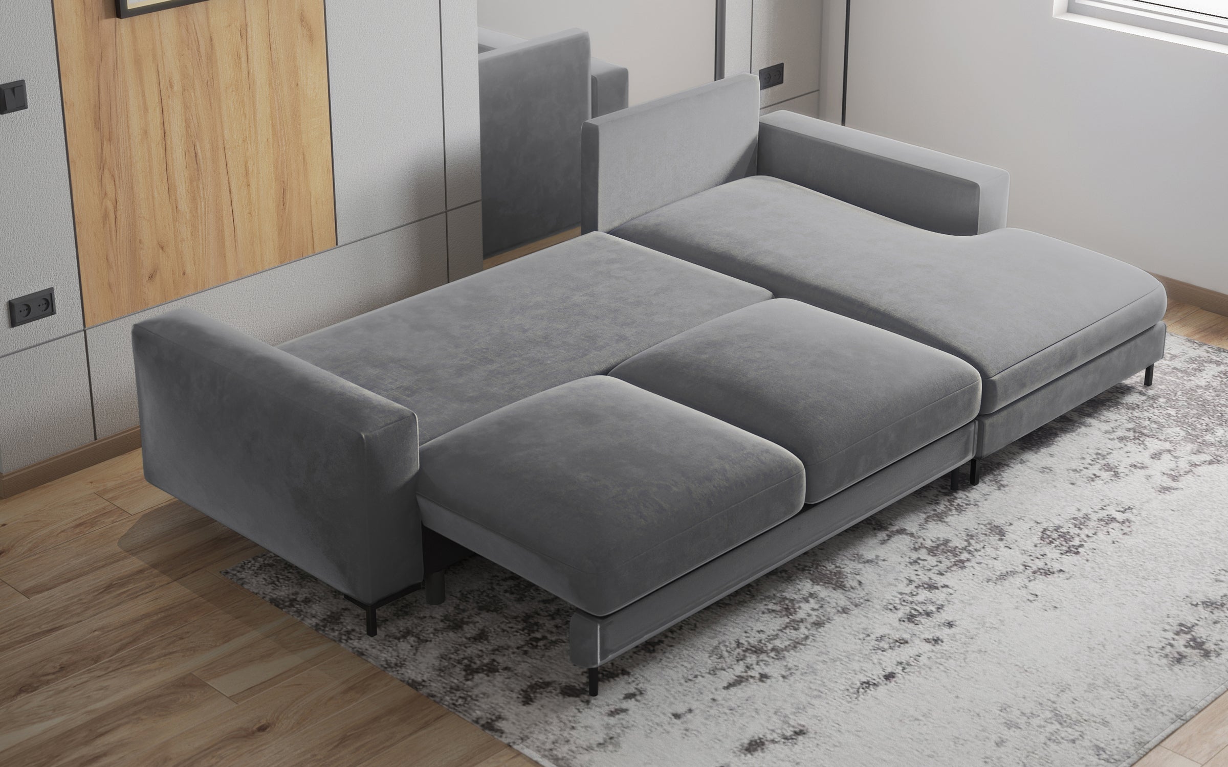 Ecksofa mit Schlaffunktion Mokpeo, L-förmig, mit zwei Stauraumfächern, schwarzen Füßen, grafitfarbener Samt, rechtsseitig
